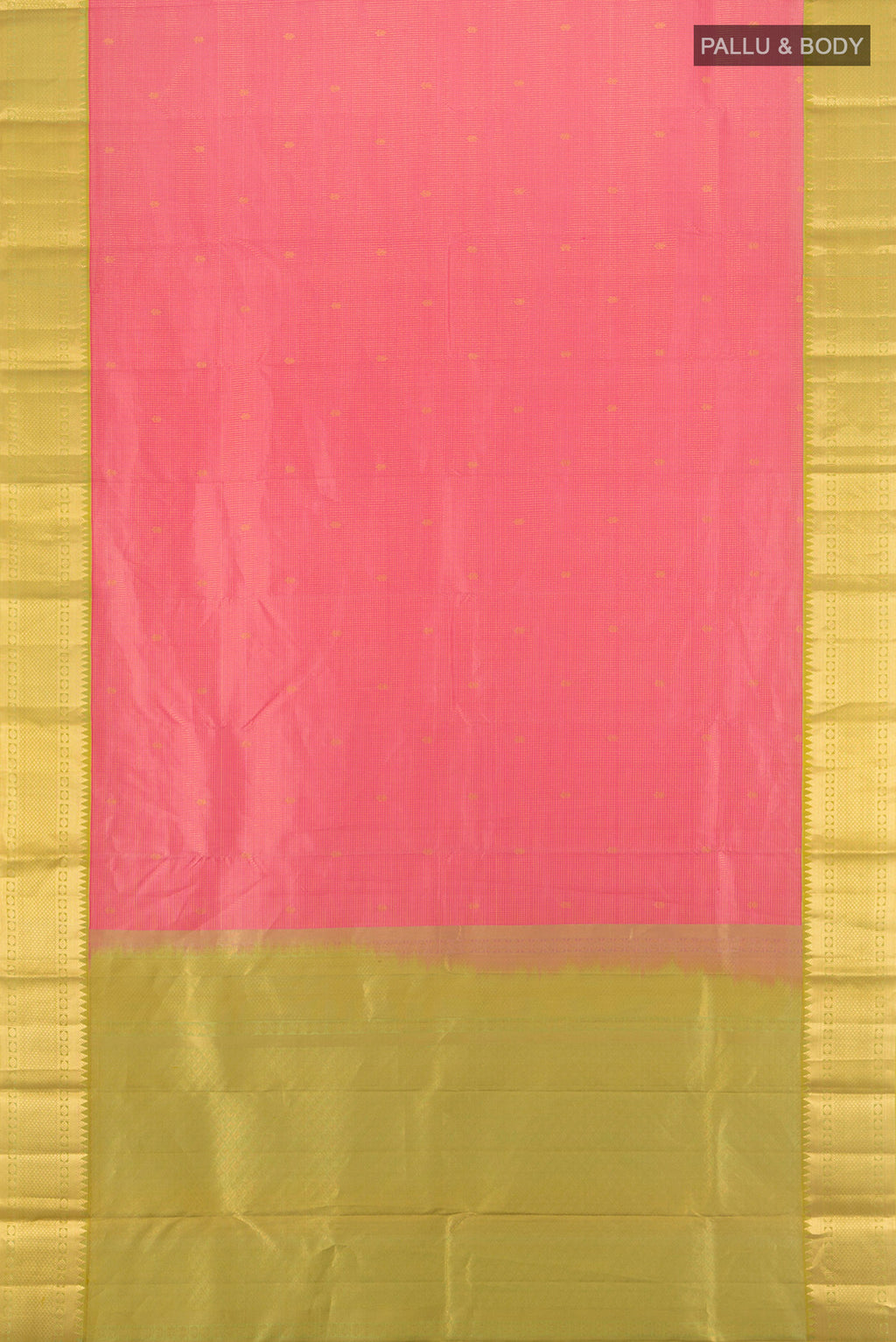 Flat view of Rose pink Kanjivaram Silk Saree with Zari Butta on the body and Zari Border. 