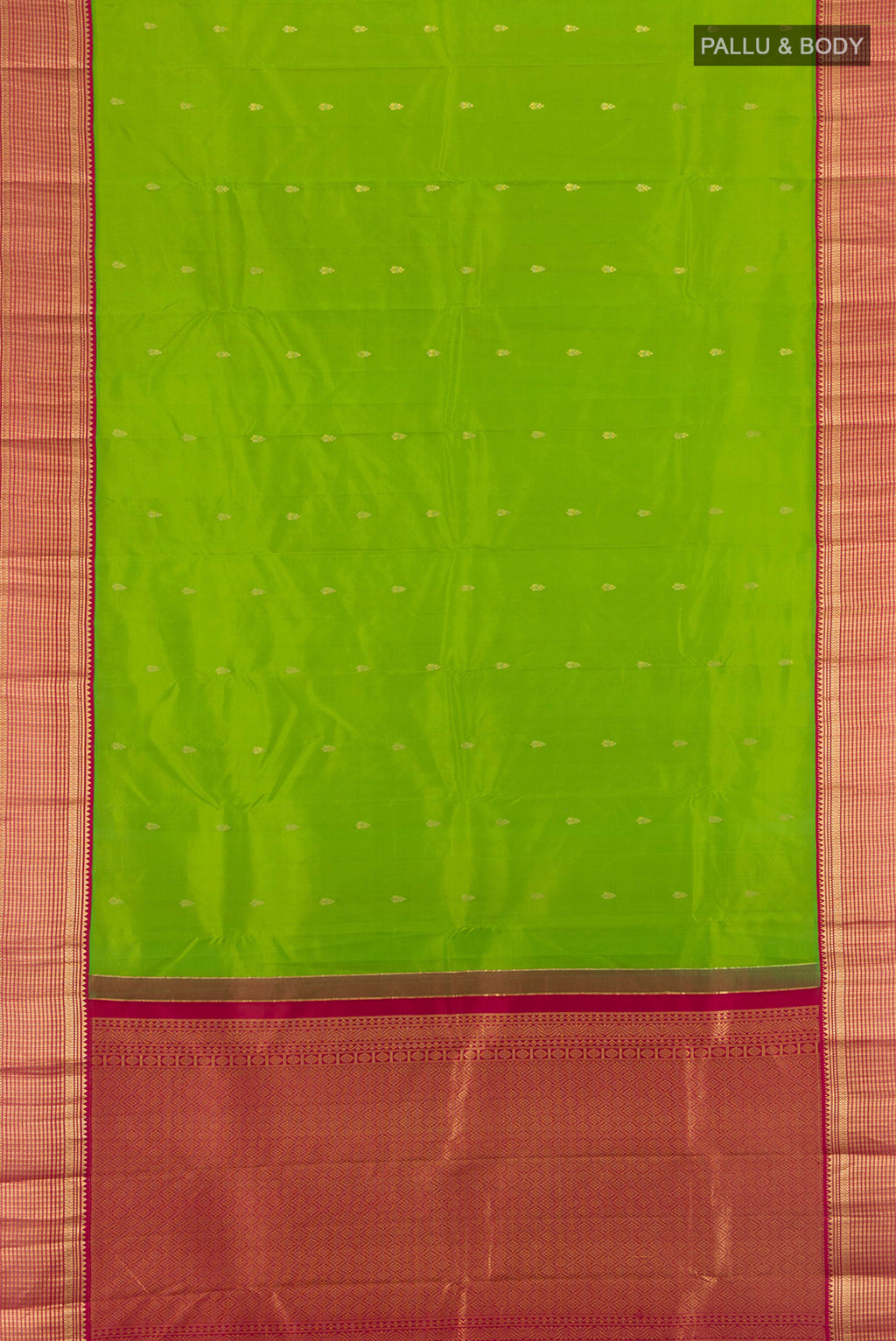 Flat view of Parrot Green Kanchipuram Silk Saree with Zari Butta on the body and Zari Border. 