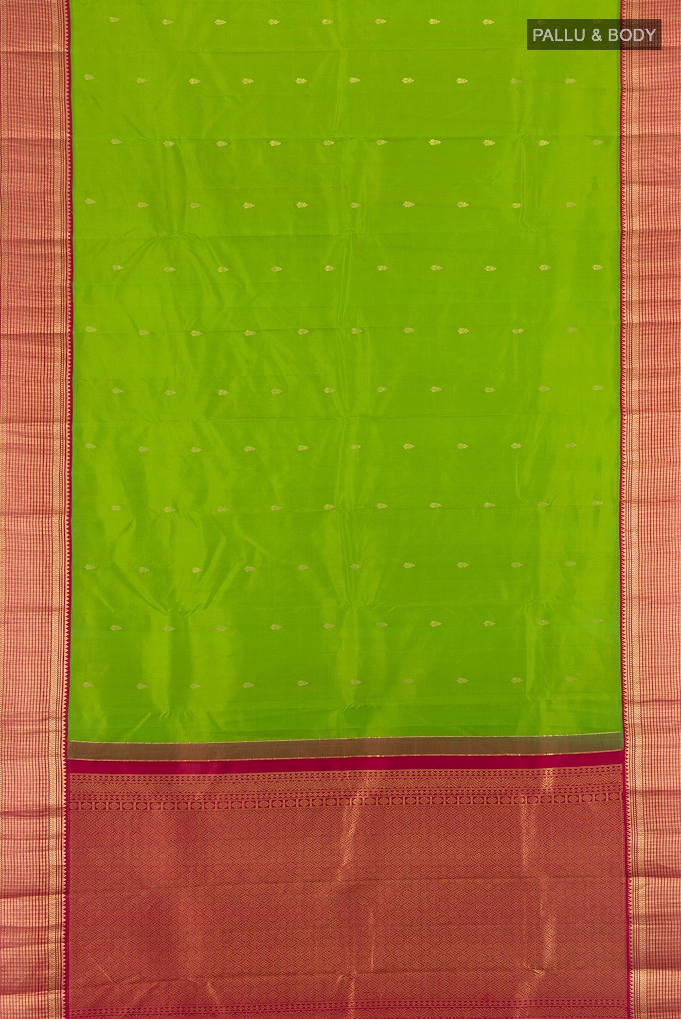 Flat view of Parrot Green Kanchipuram Silk Saree with Zari Butta on the body and Zari Border. 