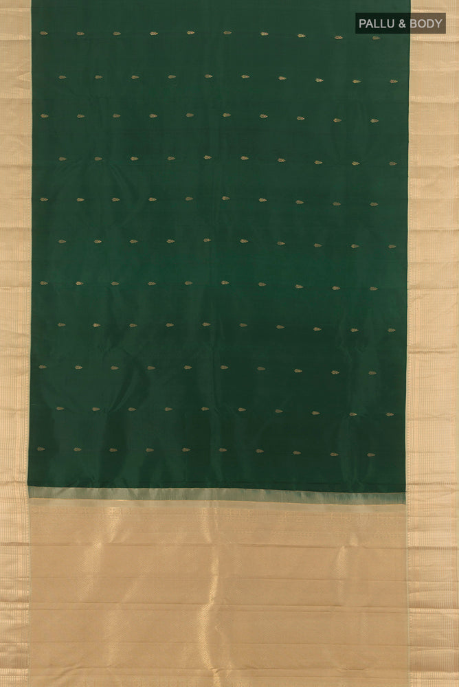 Flat view of Bottle Green Kanchipuram Silk Saree with Checked design on the body and Silk Border. 