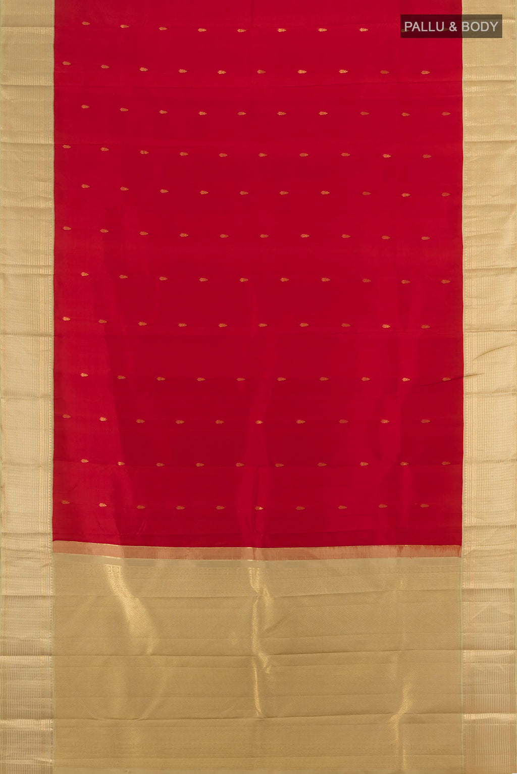 Flat view of Deep Red Kanchipuram Silk Saree with Zari Butta on the body and Zari Border. 