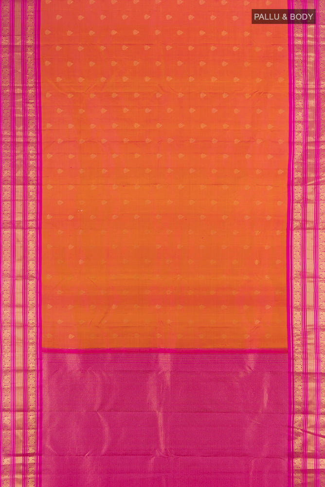 Flat view of Peach Kanchipuram Silk Saree with Zari Butta on the body and Silk Border. 