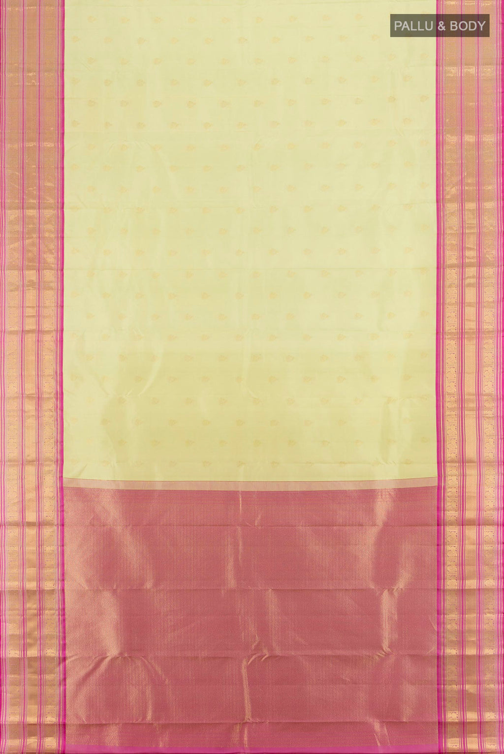 Flat view of Pista Green Kanchipuram Silk Saree with Zari Butta on the body and Zari Border. 