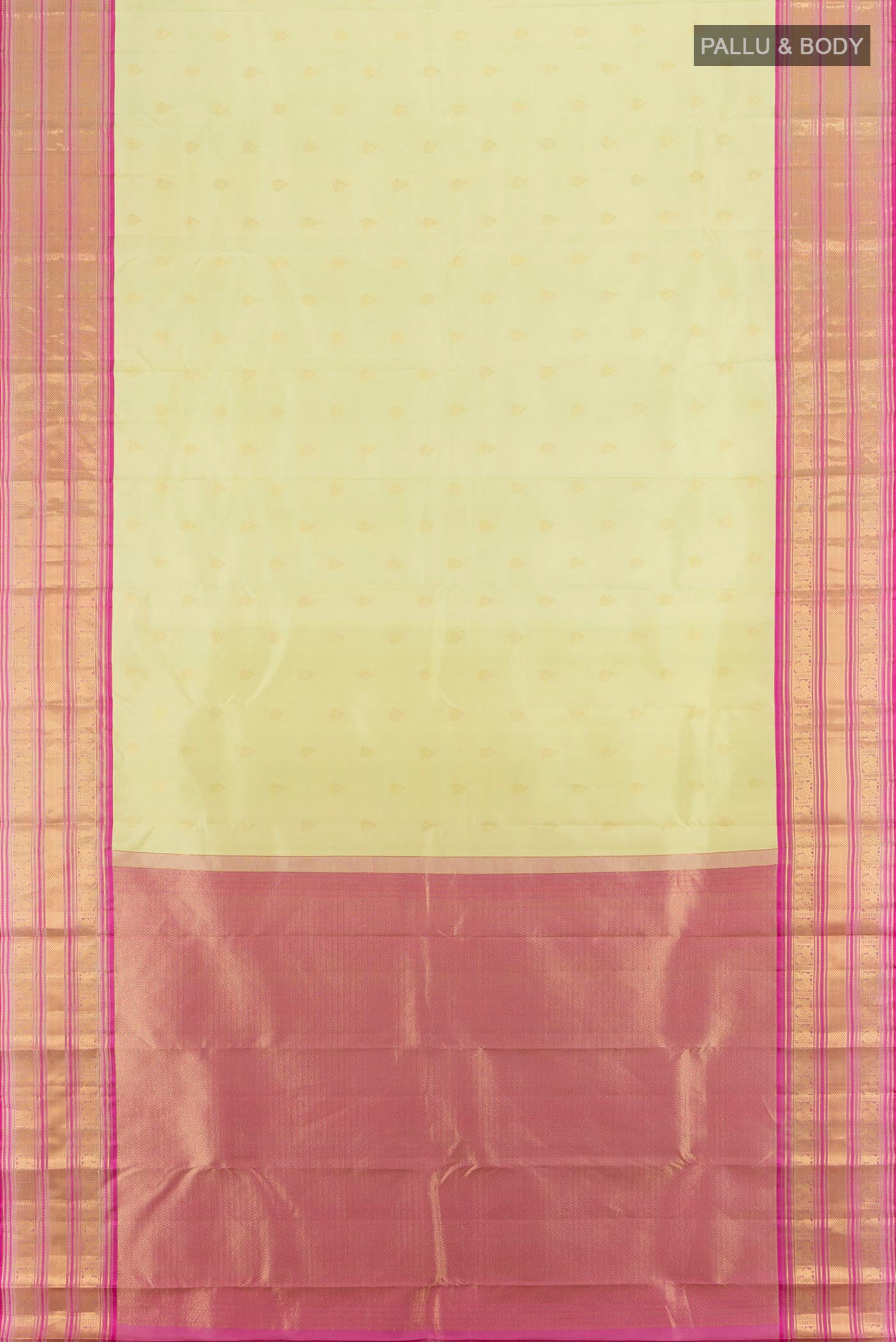 Flat view of Pista Green Kanchipuram Silk Saree with Zari Butta on the body and Zari Border. 