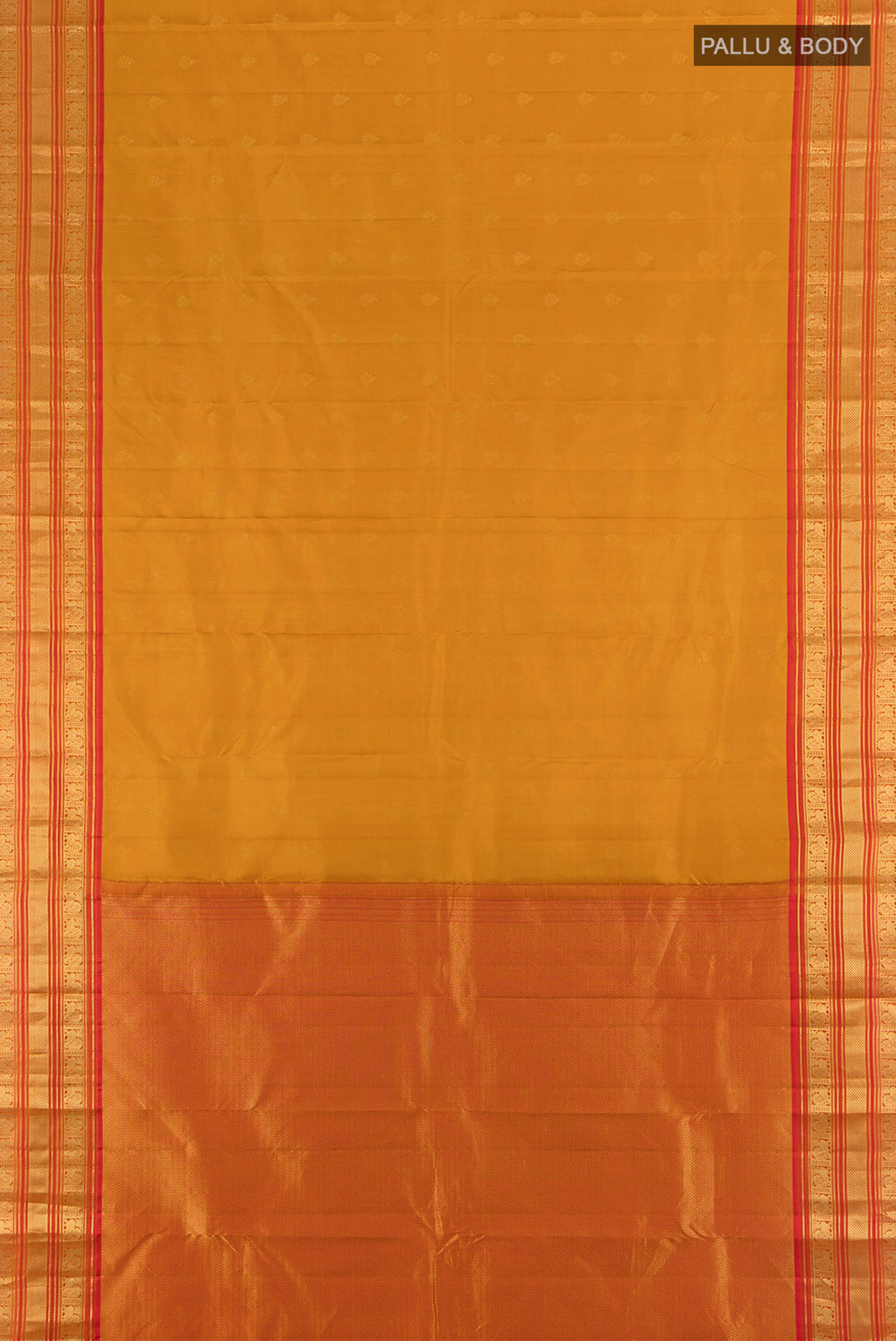 Flat view of Pure Silk Pure Zari Mustard Kanchipuram Saree with Zari Butta on the body and Silk Border. 