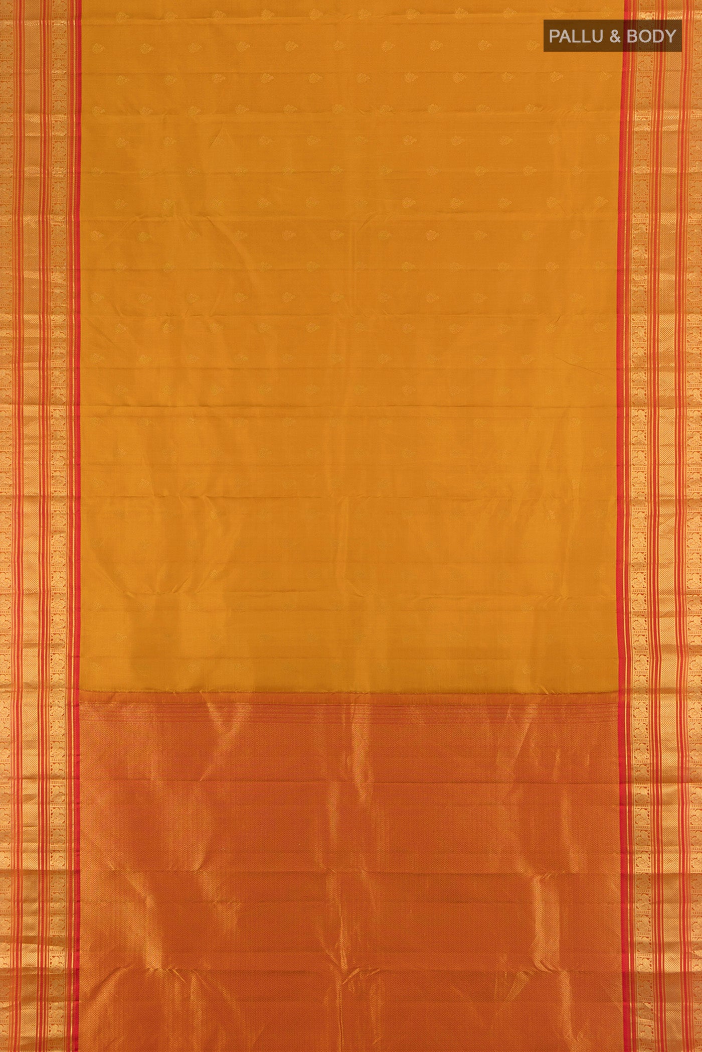 Flat view of Pure Silk Pure Zari Mustard Kanchipuram Saree with Zari Butta on the body and Silk Border. 