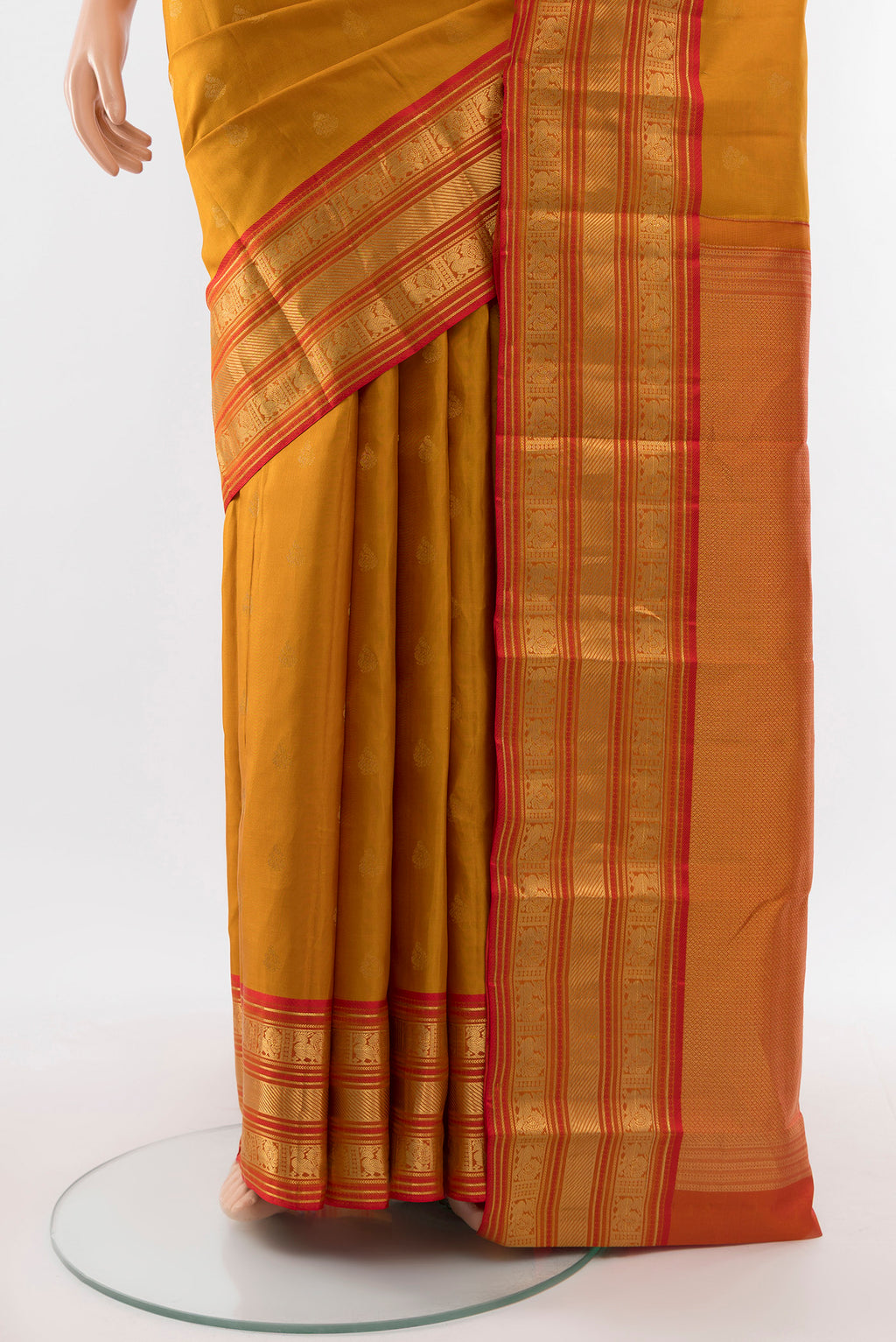 Pleats and pallu of Pure Silk Pure Zari Mustard Kanchipuram Saree with Zari Butta on the body and Silk Border. 