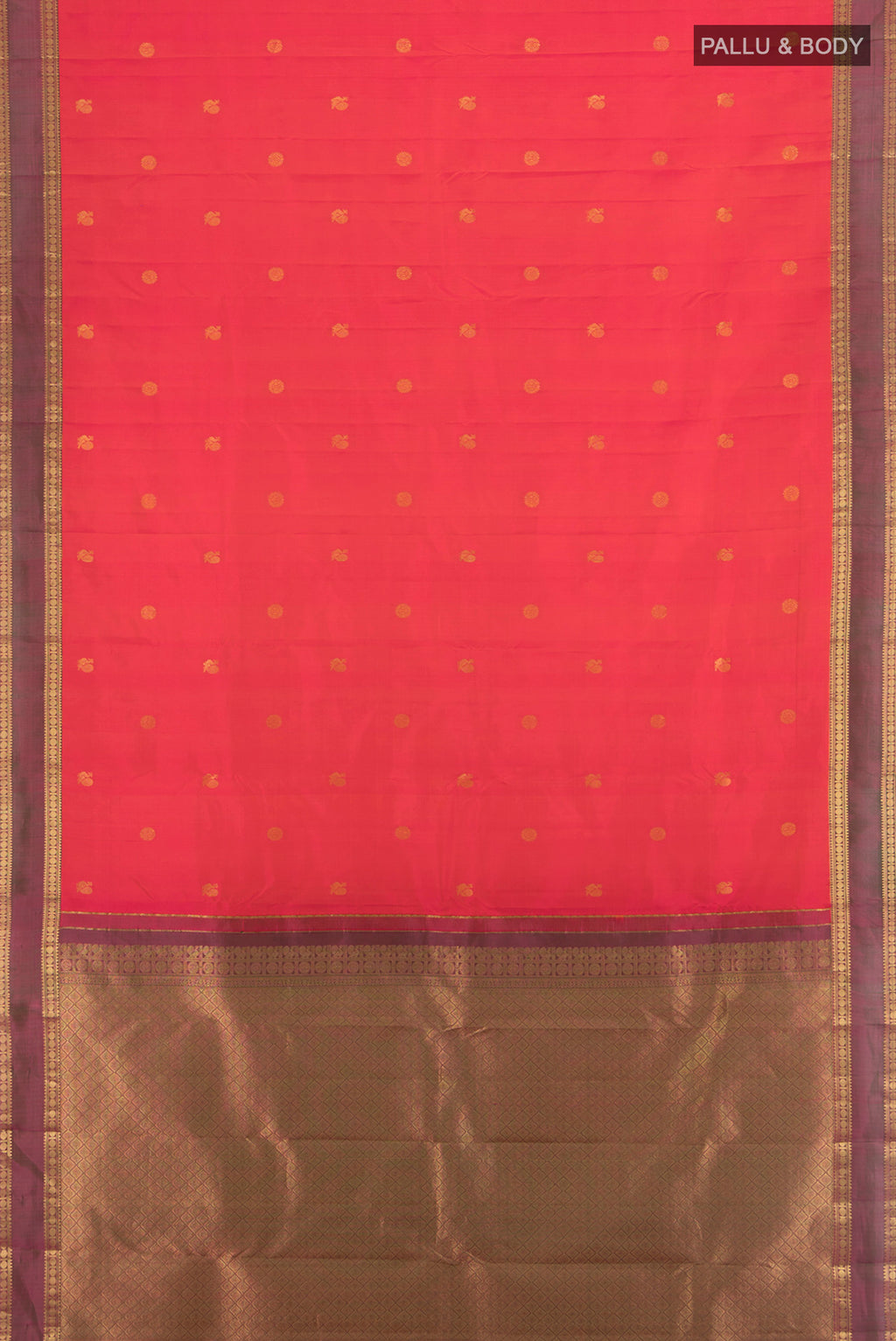 Flat view of Pure Silk Pure Zari Peach Kanchipuram Saree with Zari Butta on the body and Silk Border. 