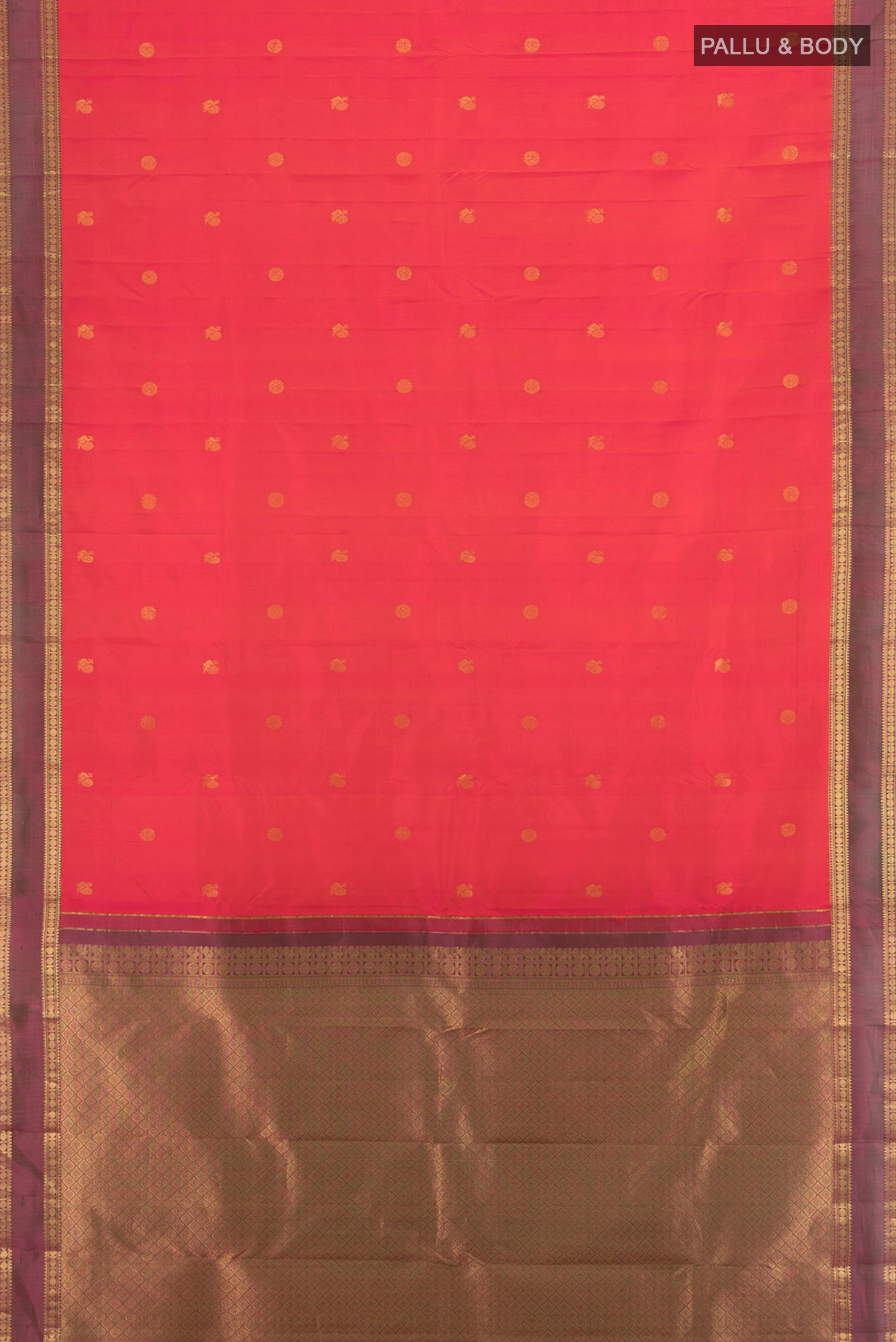 Flat view of Pure Silk Pure Zari Peach Kanchipuram Saree with Zari Butta on the body and Silk Border. 