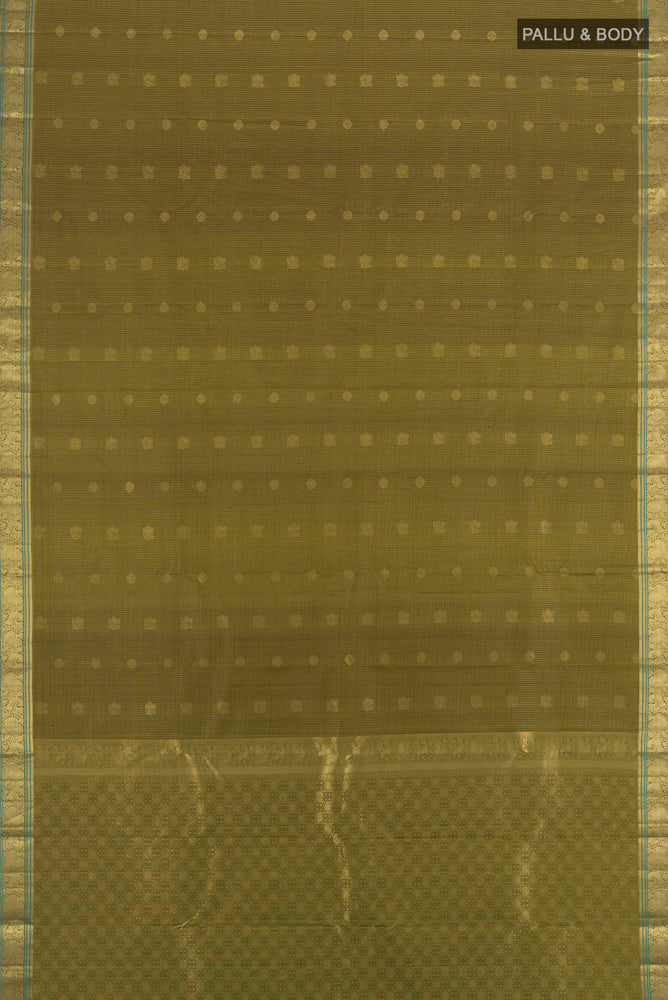 Flat view of Mehandi Green Kanchipuram Silk Saree with Zari Butta on the body and Silk Border. 