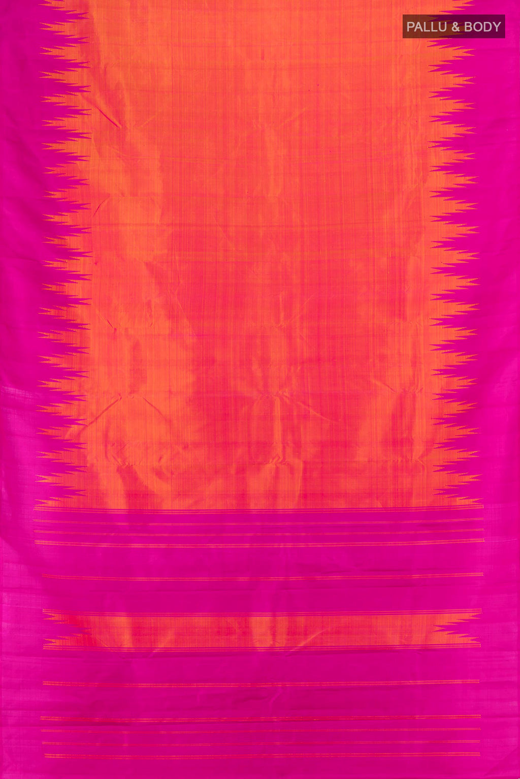 Flat view of Orange Kanjivaram Silk Saree with Plain Body and Temple Border. 