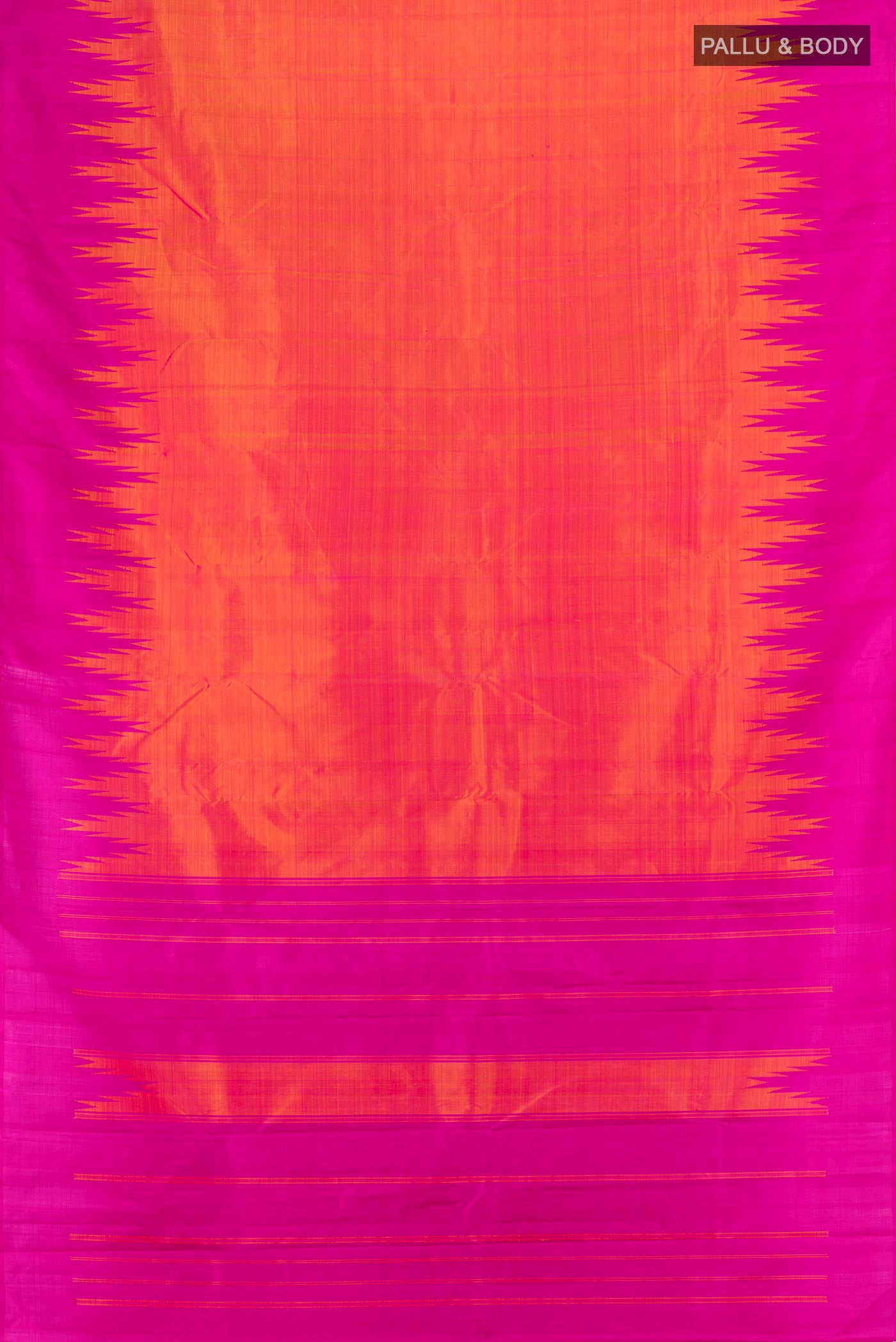 Flat view of Orange Kanjivaram Silk Saree with Plain Body and Temple Border. 
