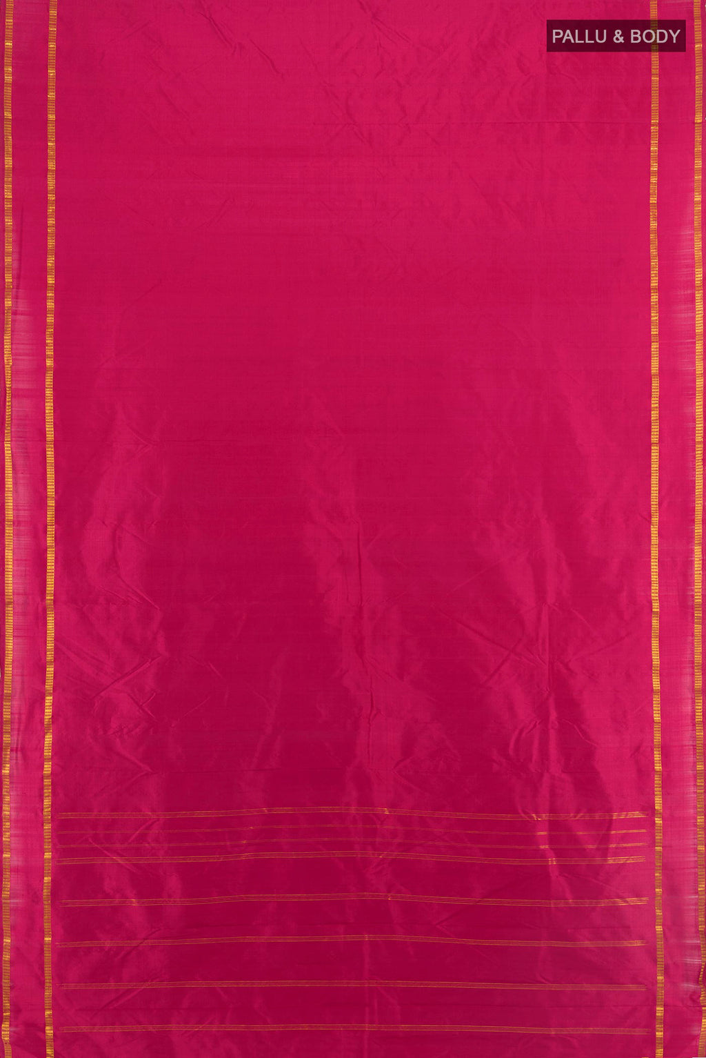 Flat view of Pure Silk Maroon Kanchipuram Saree with Plain Body and Zari Border. 