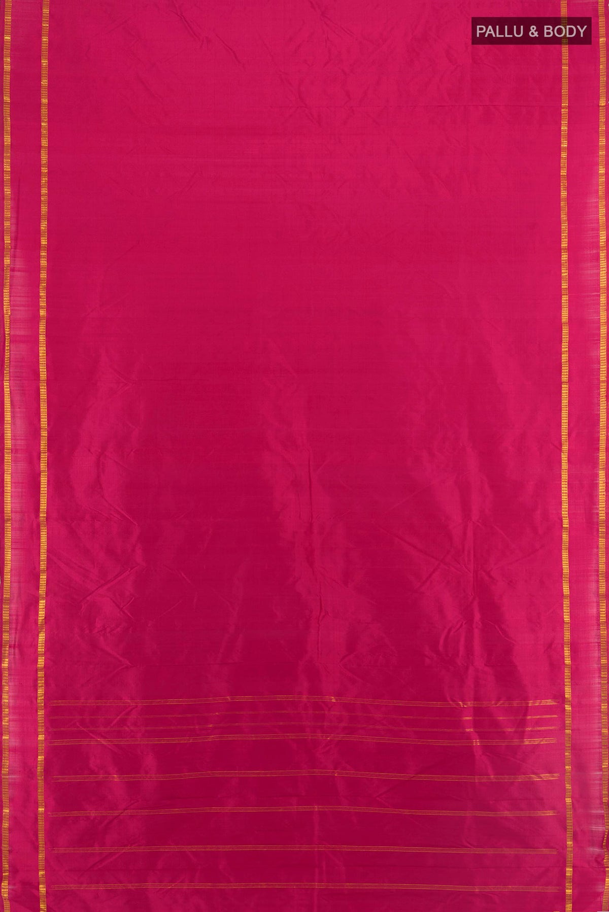 Flat view of Pure Silk Maroon Kanchipuram Saree with Plain Body and Zari Border. 