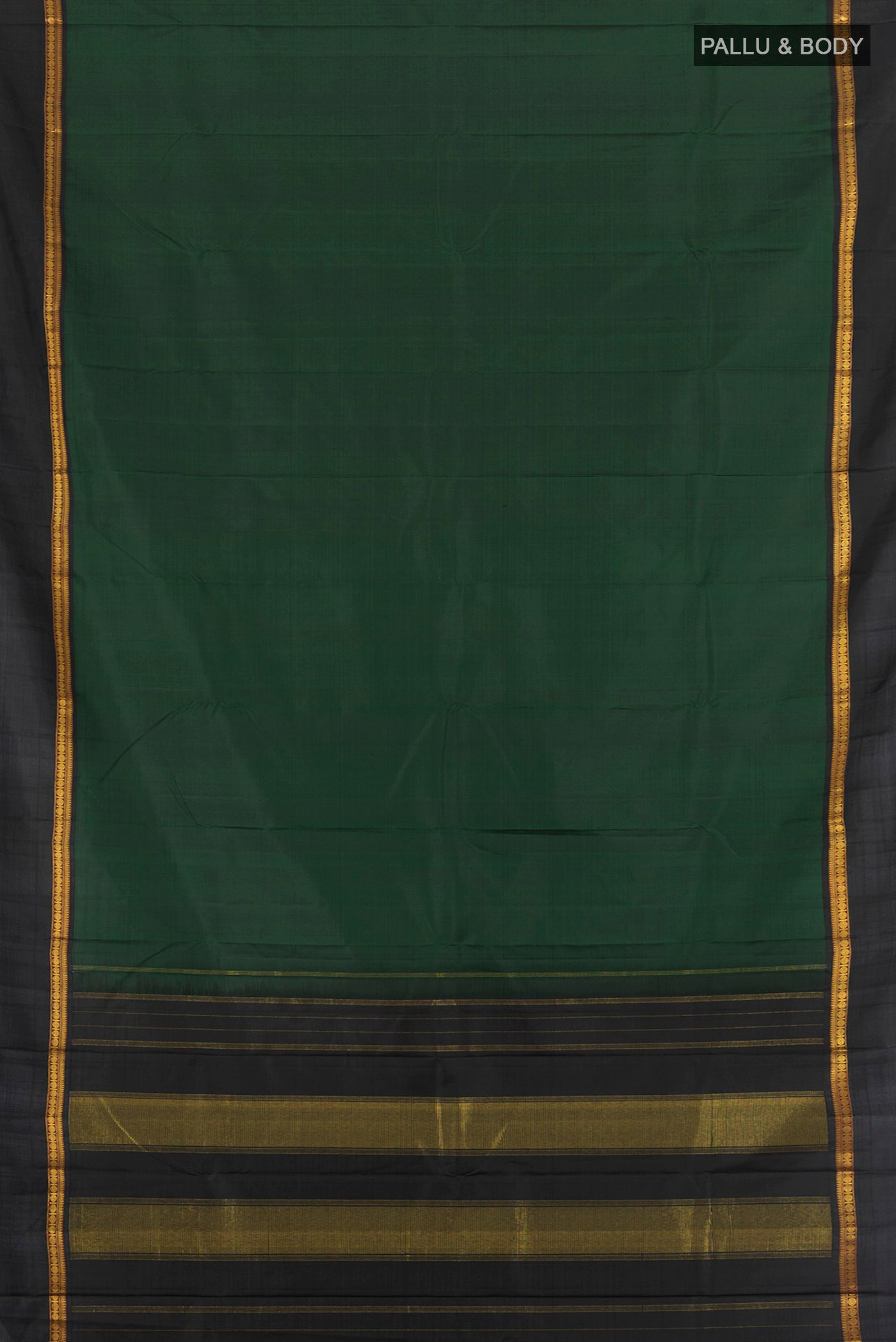 Flat view of Bottle Green Kanchipuram Silk Saree with Plain Body and Plain Border. 