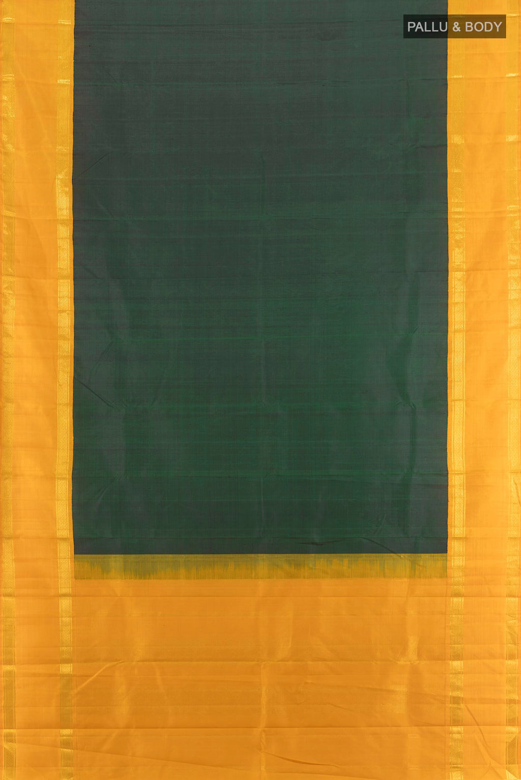 Flat view of Bottle Green Kanjivaram Silk Saree with Plain Body and Zari Border. 