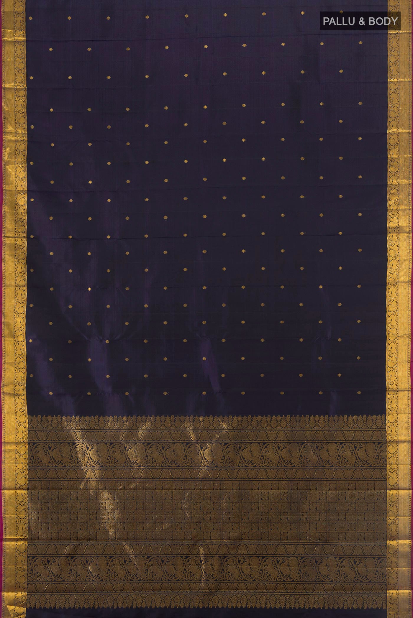 Flat view of Pure Silk Pure Zari Navy Blue Kanjivaram Saree with Zari Butta on the body and Silk Border. 