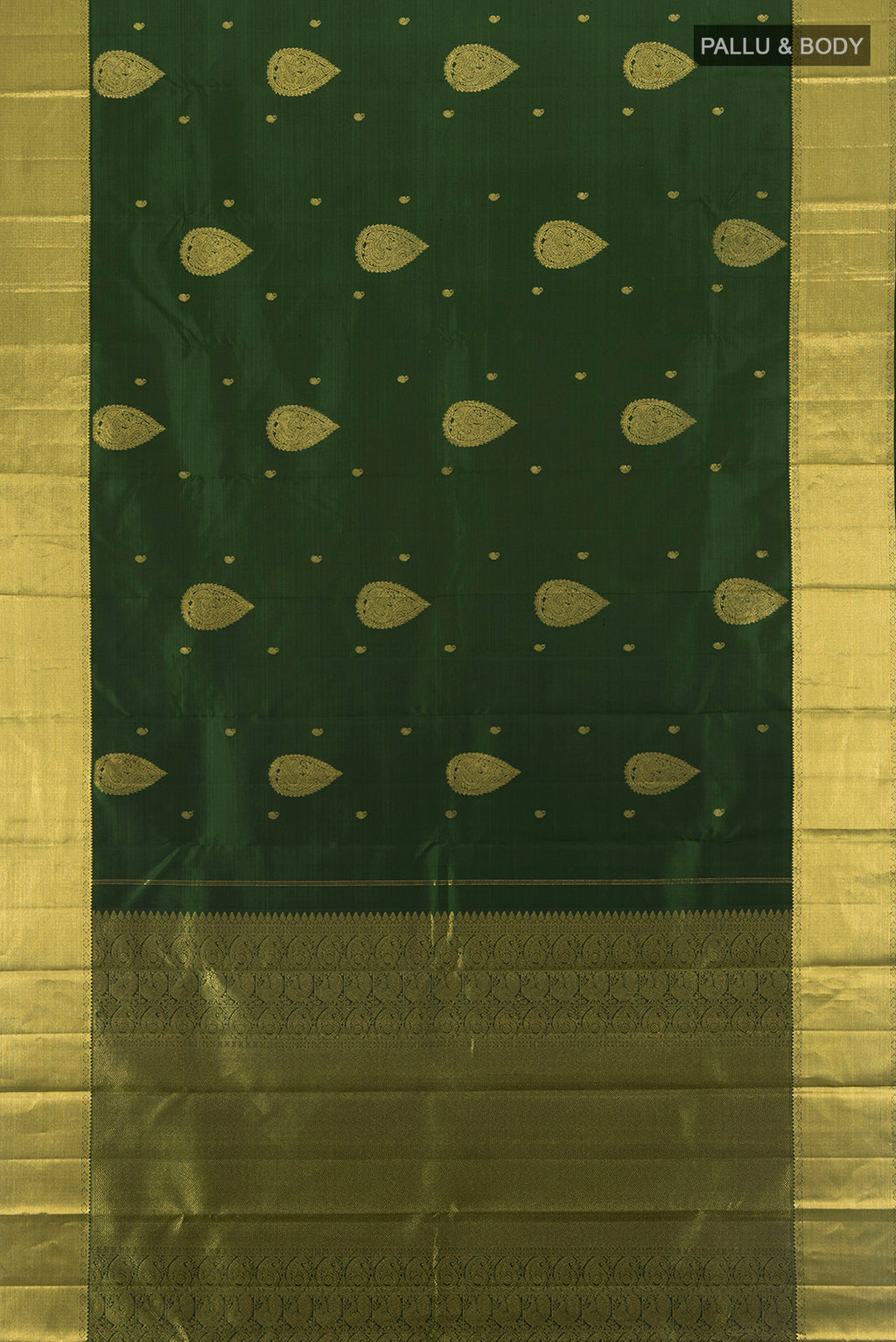 Flat view of Bottle Green Kanjivaram Silk Saree with Zari Butta on the body and Silk Border. 