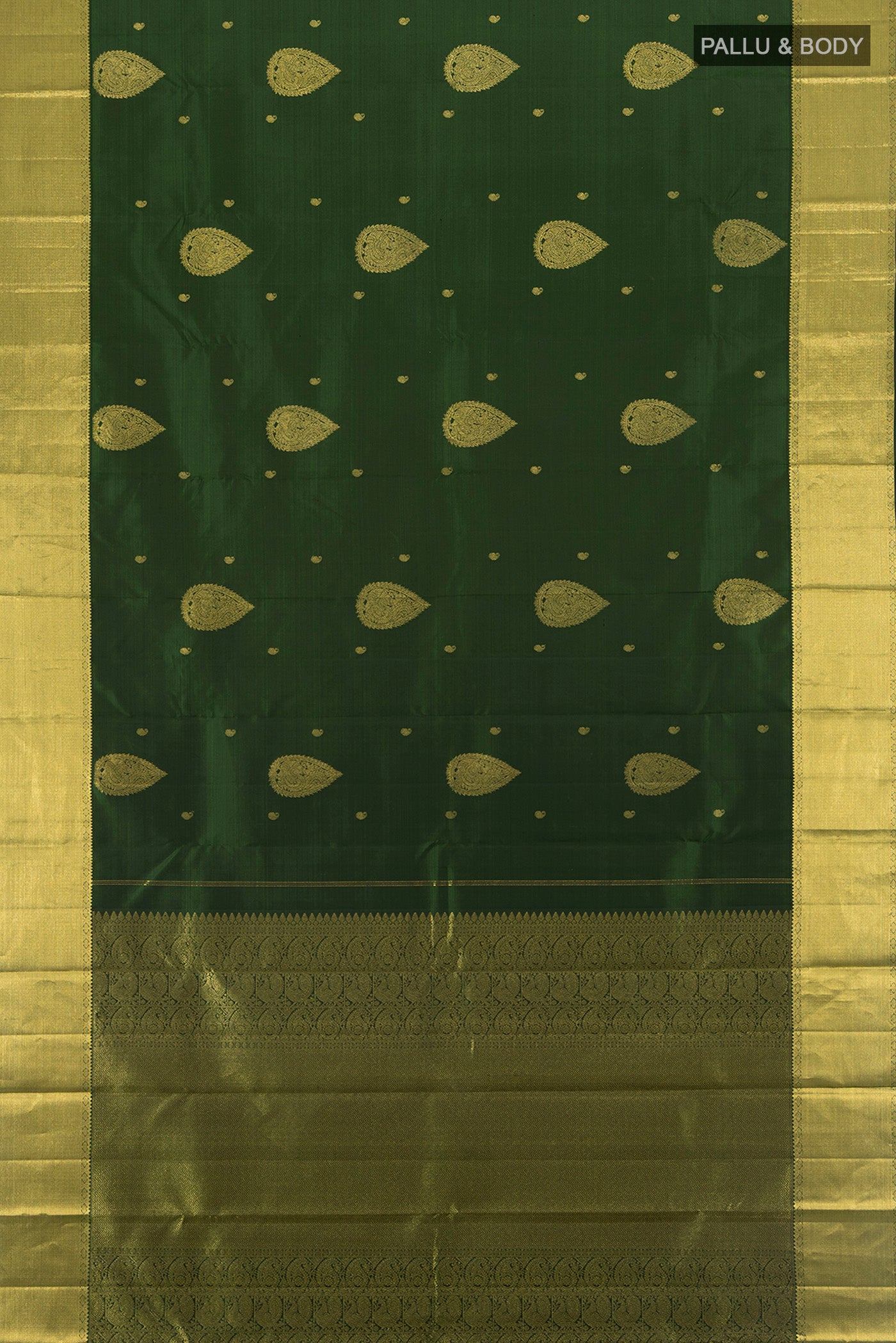 Flat view of Bottle Green Kanjivaram Silk Saree with Zari Butta on the body and Silk Border. 