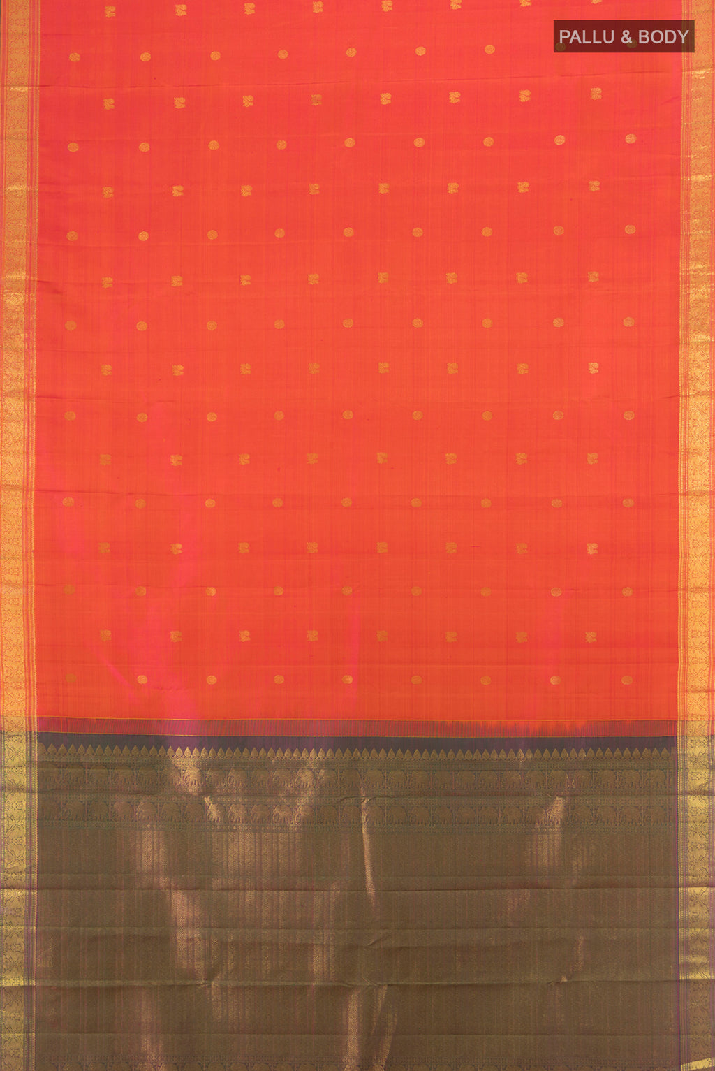 Flat view of Brick Orange Kanjivaram Silk Saree with Zari Butta on the body and Zari Border. 