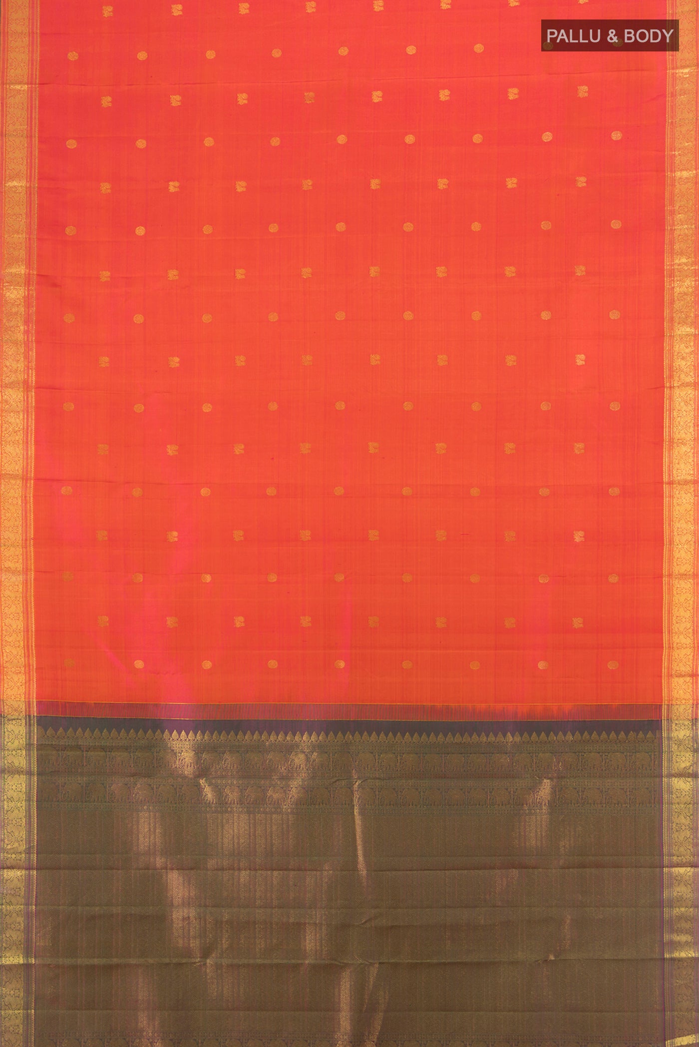 Flat view of Brick Orange Kanjivaram Silk Saree with Zari Butta on the body and Zari Border. 