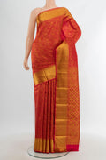 Red Kanjivaram Silk Saree with Zari Brocade on the body and Zari Border.  displayed on a mannequin
