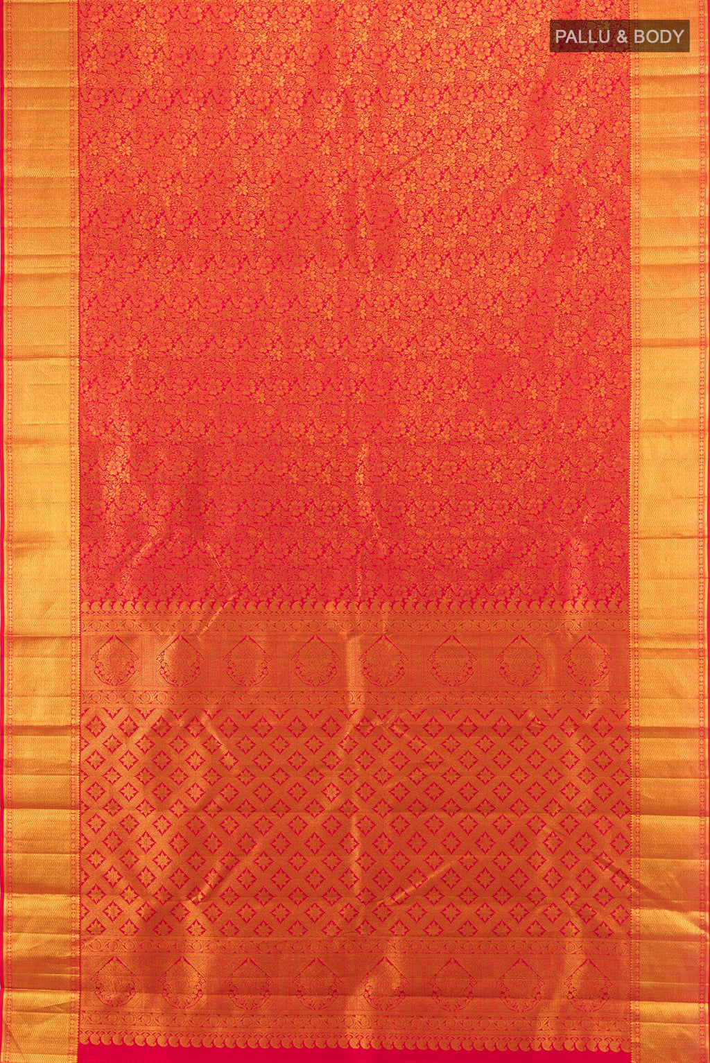 Flat view of Red Kanjivaram Silk Saree with Zari Brocade on the body and Zari Border. 
