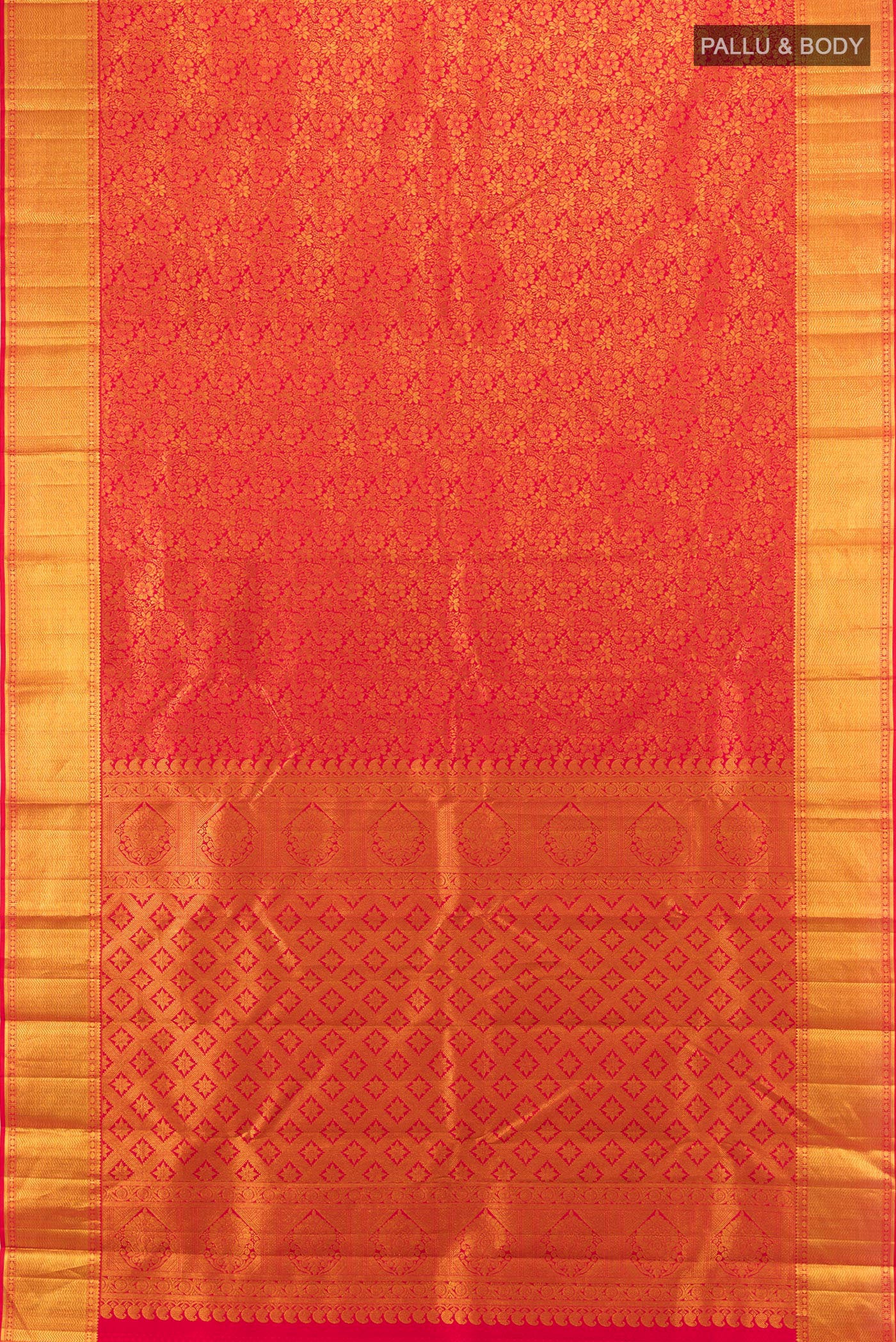 Flat view of Red Kanjivaram Silk Saree with Zari Brocade on the body and Zari Border. 