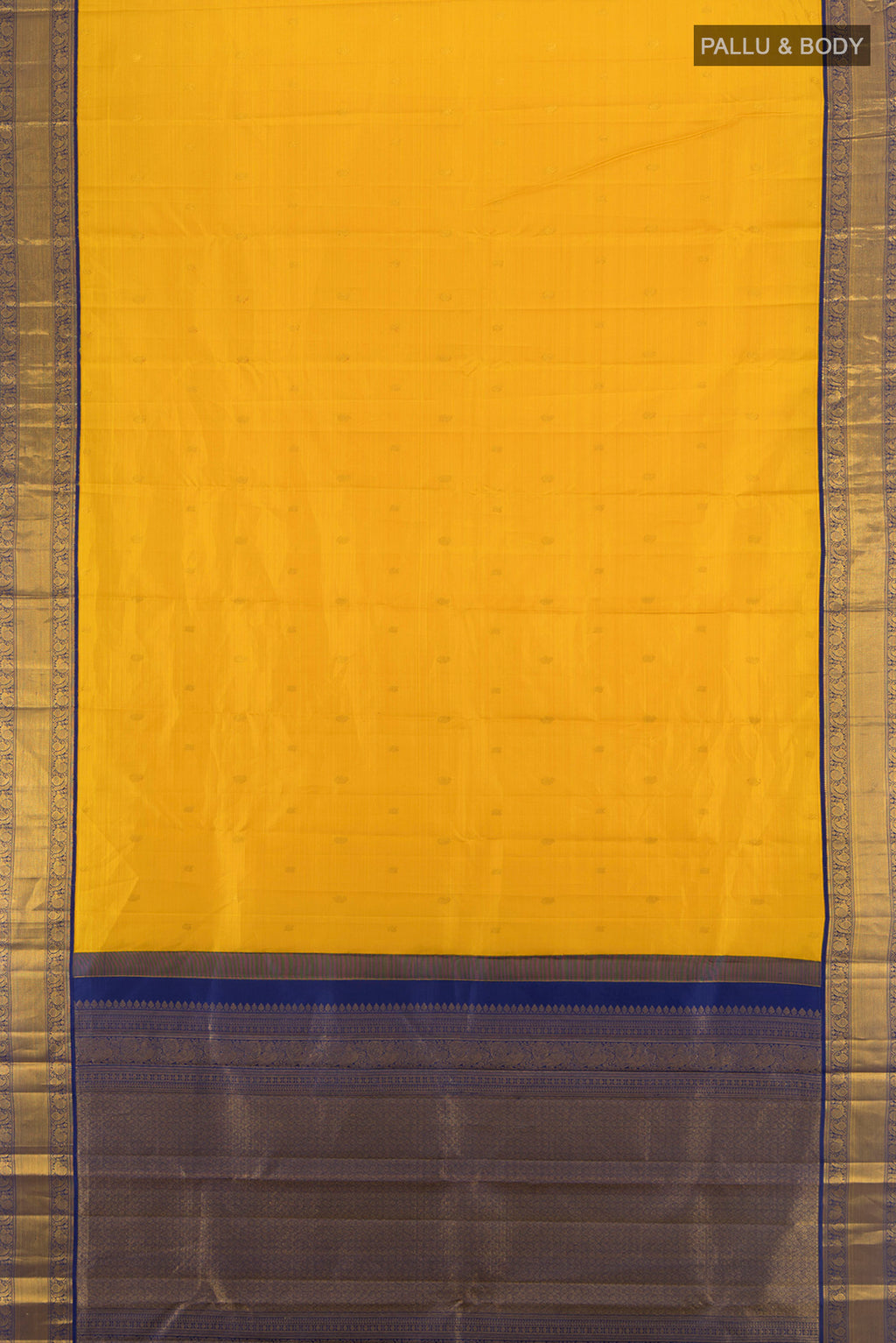 Flat view of Yellow Kanjivaram Silk Saree with Zari Butta on the body and Silk Border. 