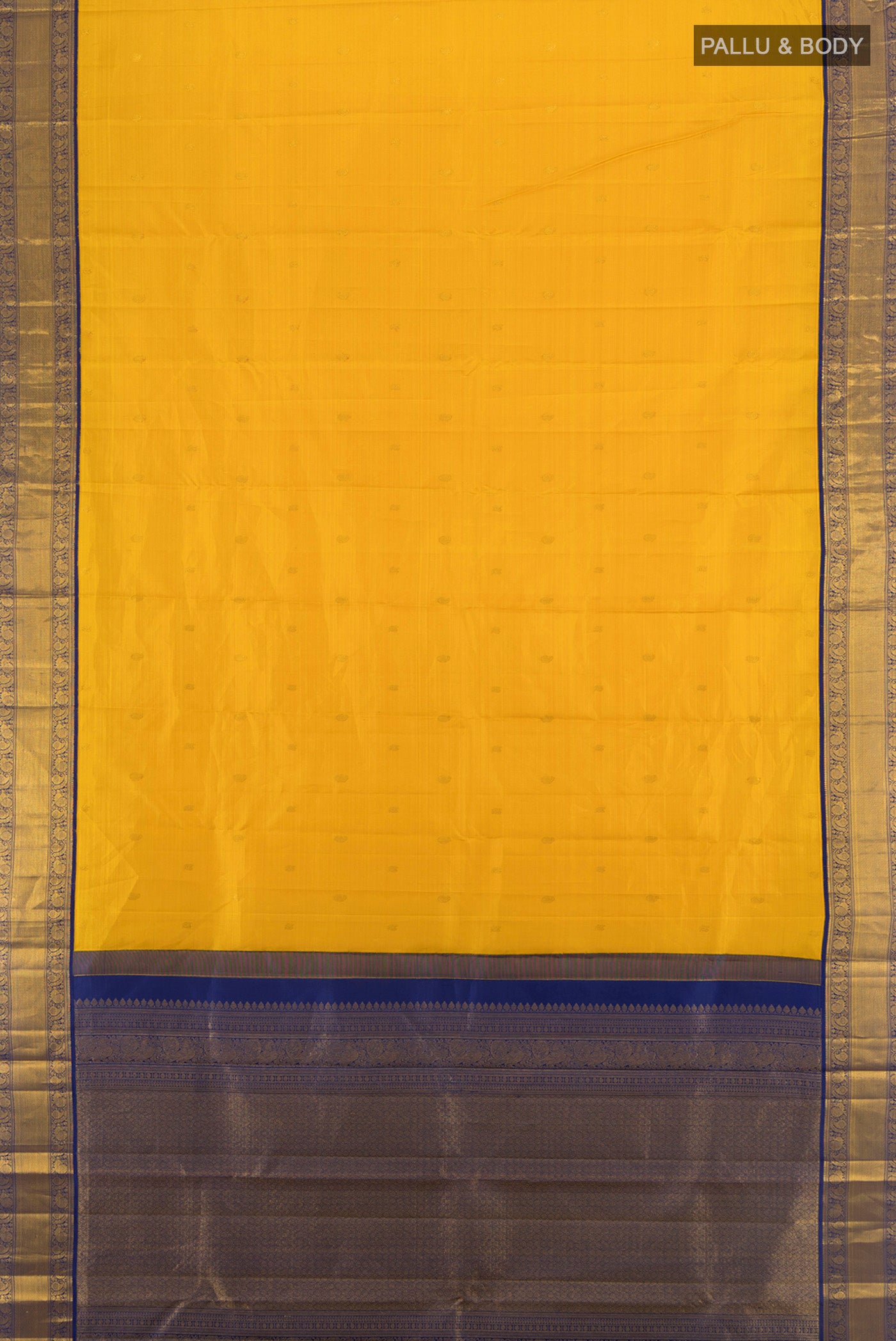 Flat view of Yellow Kanjivaram Silk Saree with Zari Butta on the body and Silk Border. 
