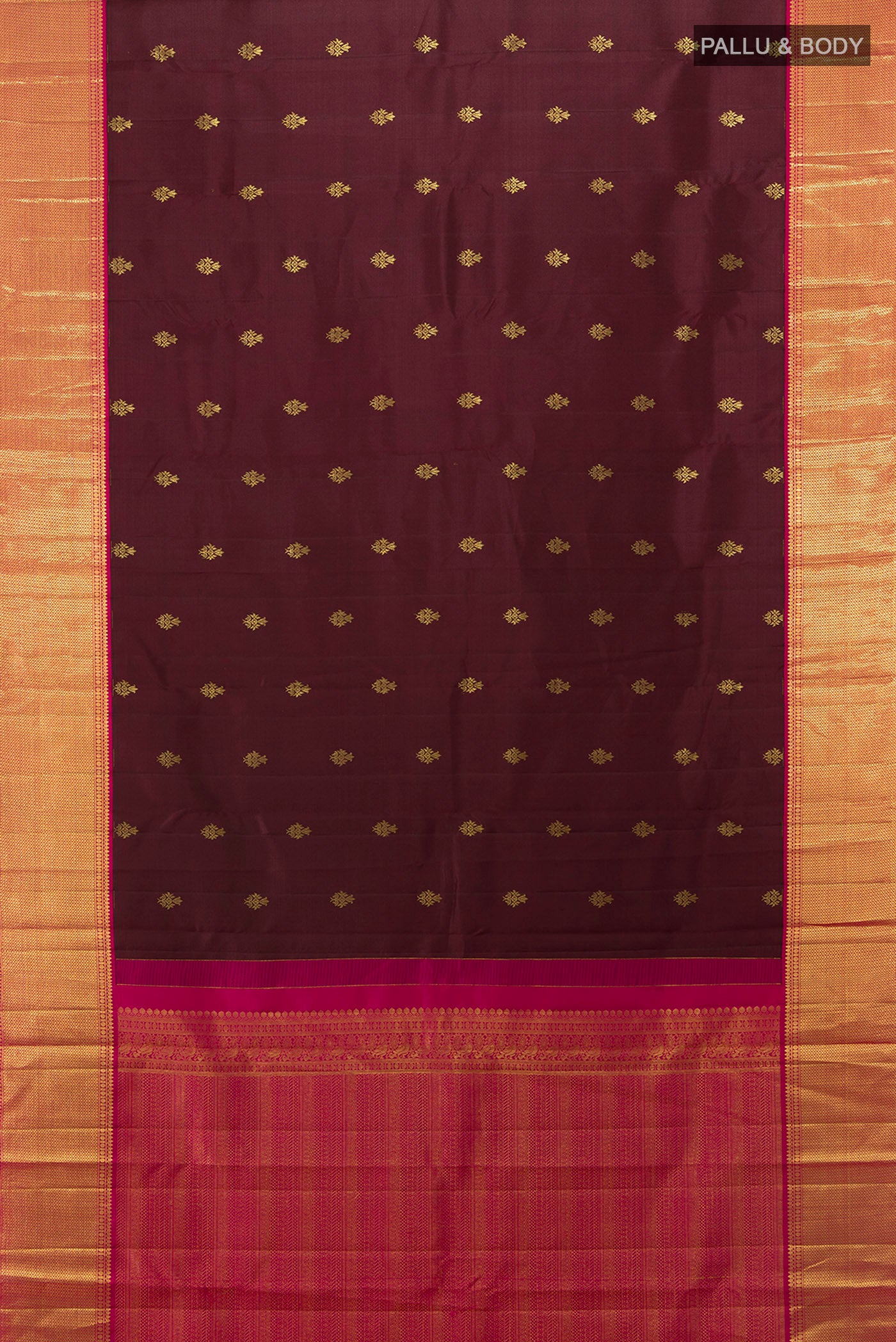 Flat view of Coffee Brown Kanjivaram Silk Saree with Zari Butta on the body and Silk Border. 
