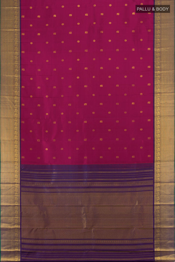 Flat view of Purple Kanjivaram Silk Saree with Zari Butta on the body and Silk Border. 