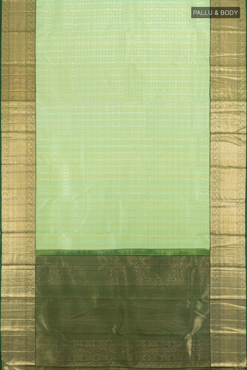 Flat view of Pure Silk Pista Green Kanchipuram Saree with Zari Brocade on the body and Zari Border. 