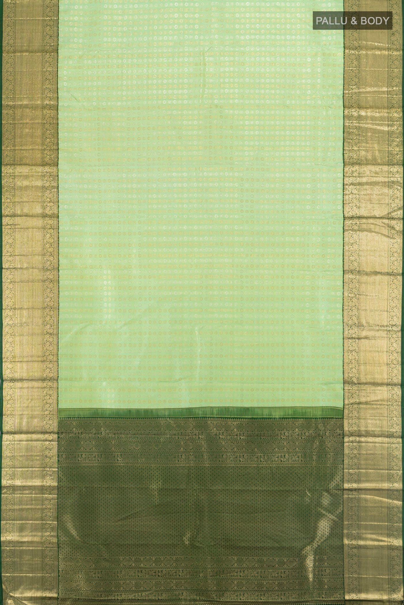 Flat view of Pure Silk Pista Green Kanchipuram Saree with Zari Brocade on the body and Zari Border. 