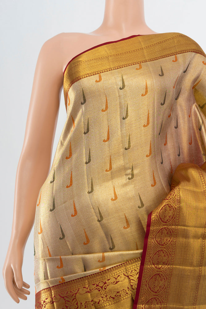 Border image of Golden Kanjivaram Silk Saree with Zari Butta on the body and Silk Border. 