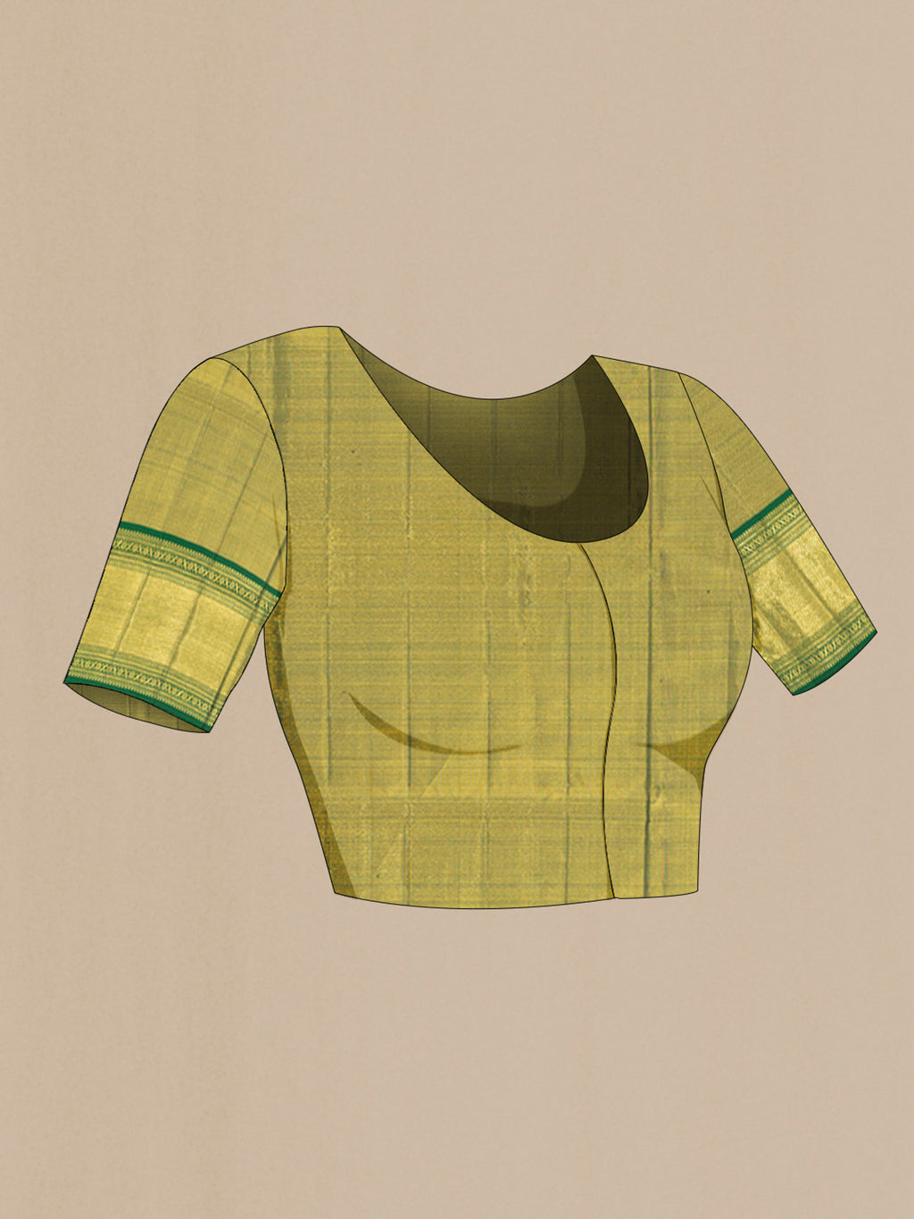 Close up image of the blouse of Light Green Kanjivaram Tissue Silk Saree with Zari Brocade on the body and Zari Border. 