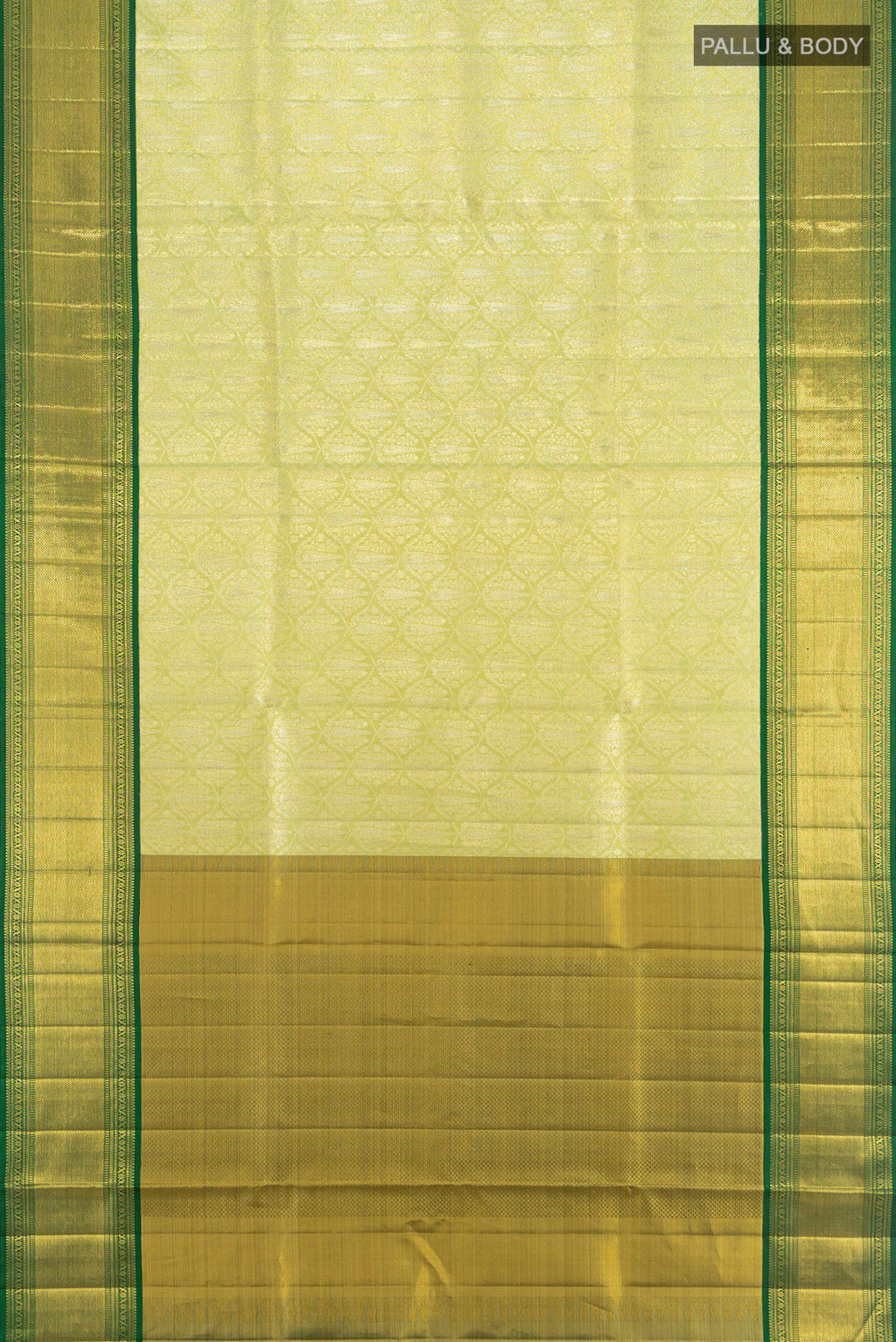 Flat view of Light Green Kanjivaram Tissue Silk Saree with Zari Brocade on the body and Zari Border. 
