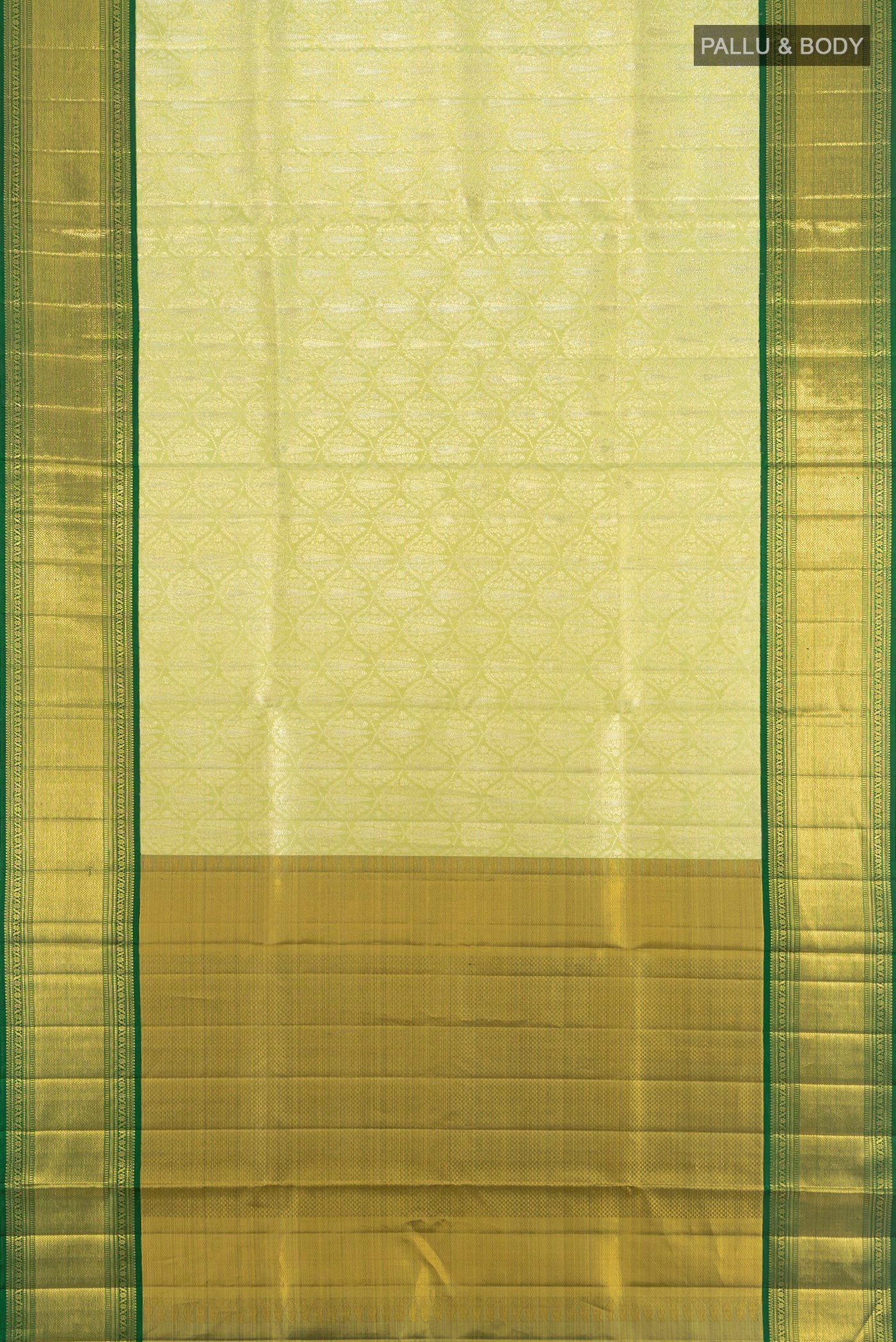 Flat view of Light Green Kanjivaram Tissue Silk Saree with Zari Brocade on the body and Zari Border. 