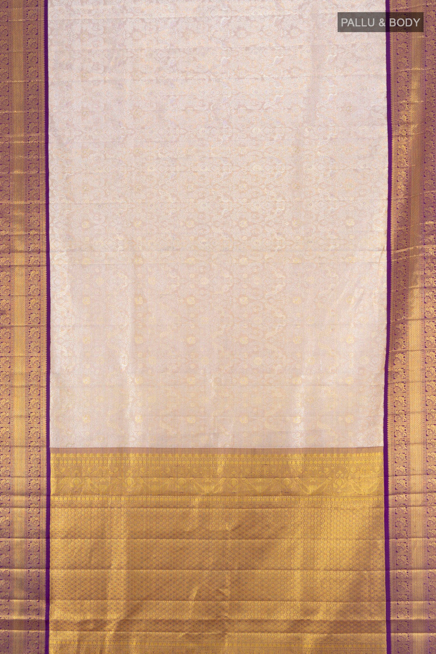 Flat view of Cream Kanjivaram Tissue Silk Saree with Zari Brocade on the body and Zari Border. 