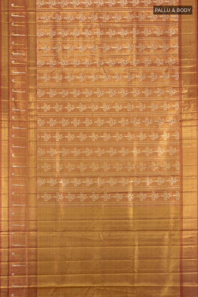 Flat view of Pure Silk Pure Zari Golden Kanjivaram Saree with Zari Brocade on the body and Silk Border. 