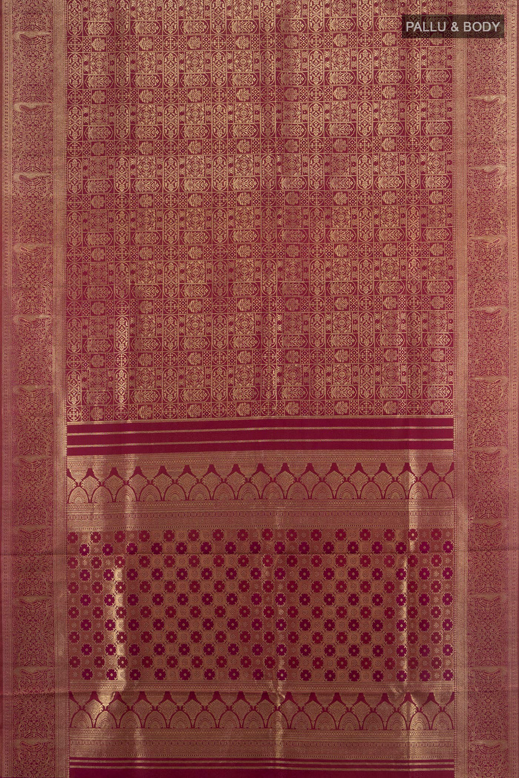 Flat view of Pure Silk Coffee Brown Kanjivaram Saree with Zari Butta on the body and Silk Border. 