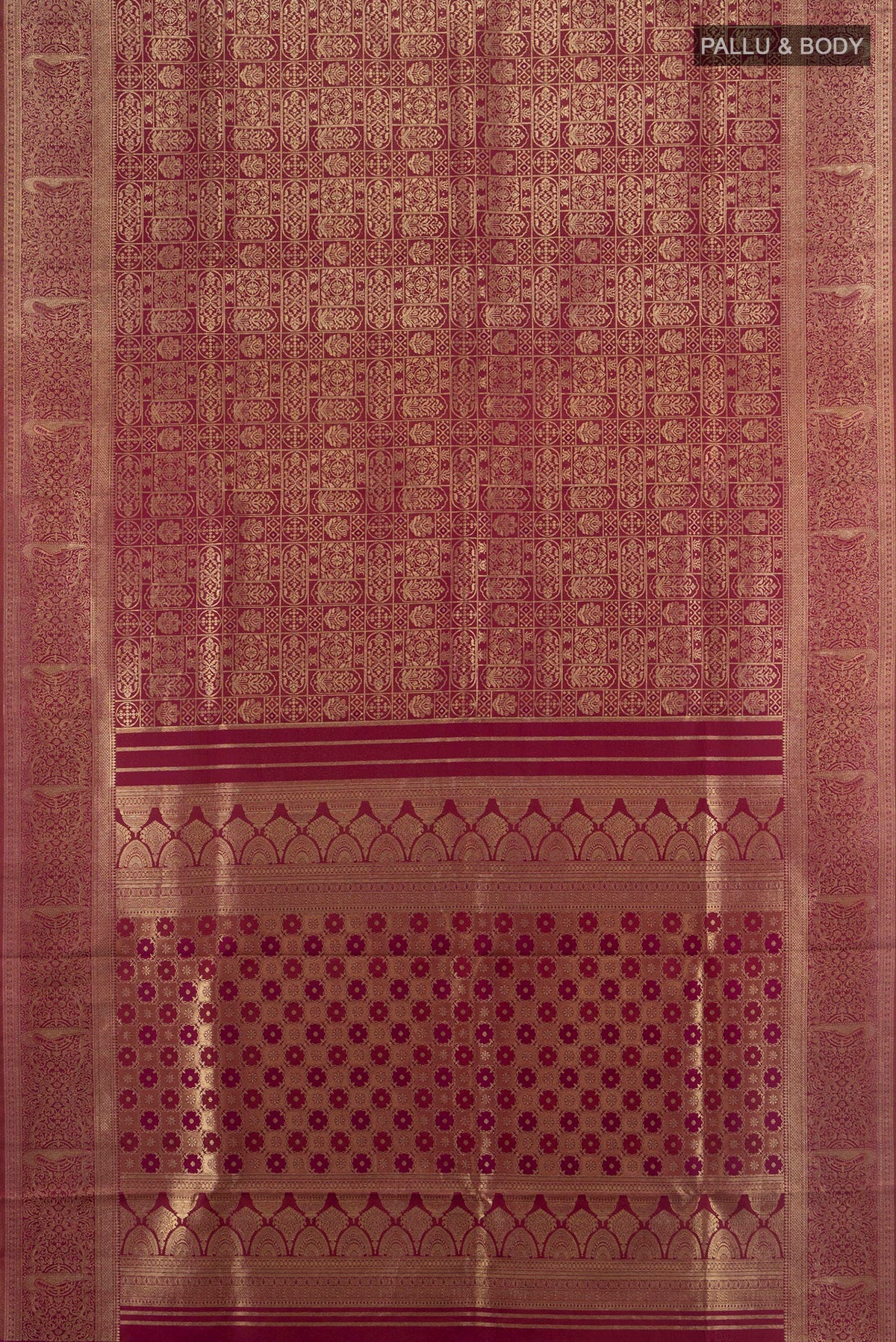 Flat view of Pure Silk Coffee Brown Kanjivaram Saree with Zari Butta on the body and Silk Border. 