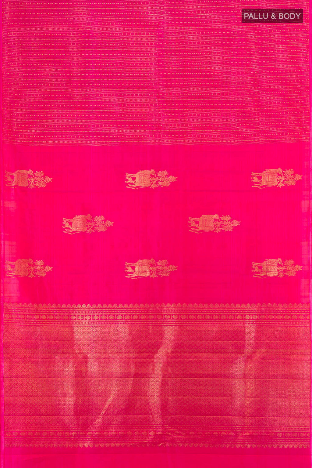 Flat view of Rani Pink Kanjivaram Silk Saree with Stripes on the body and Without Border. 