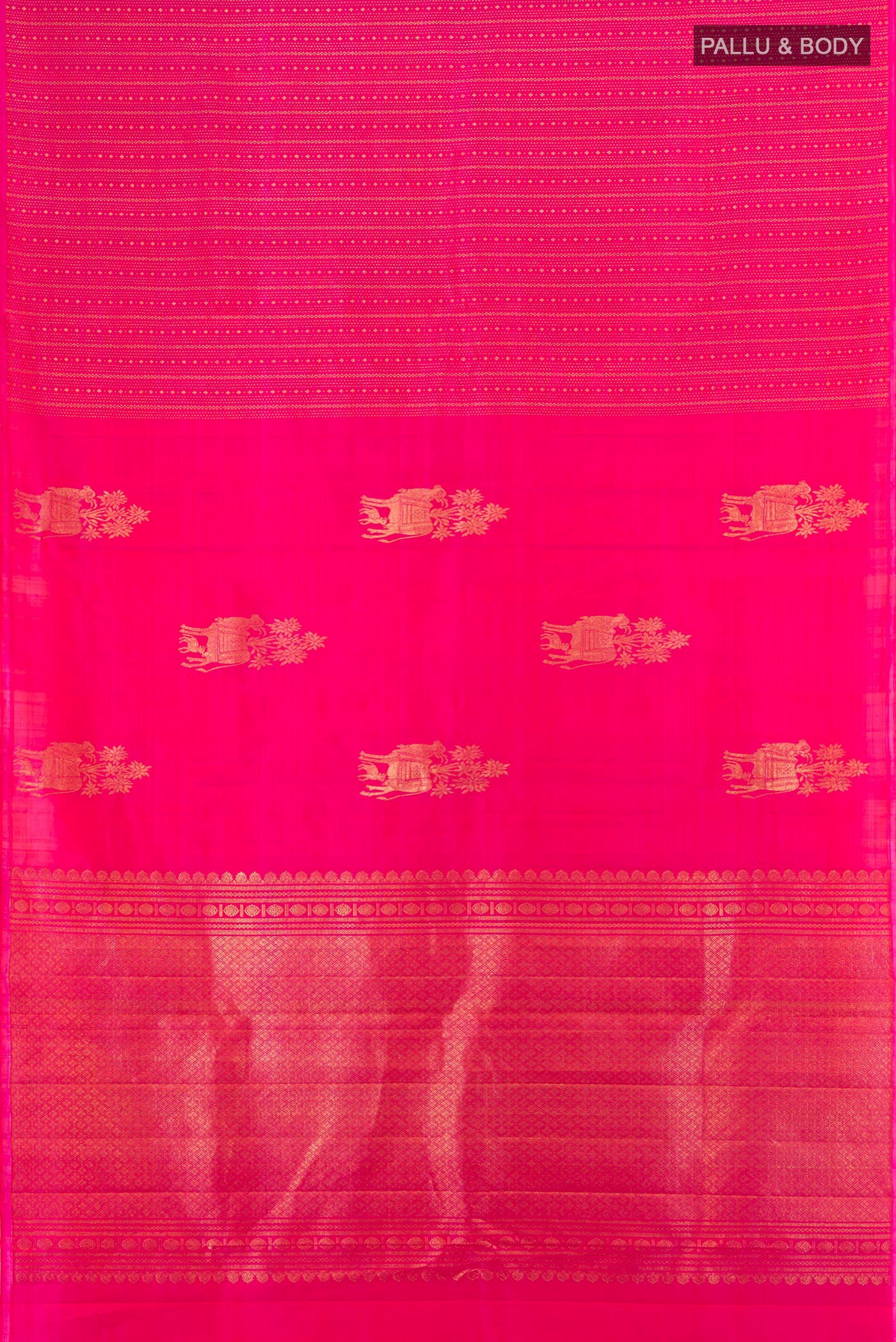 Flat view of Rani Pink Kanjivaram Silk Saree with Stripes on the body and Without Border. 