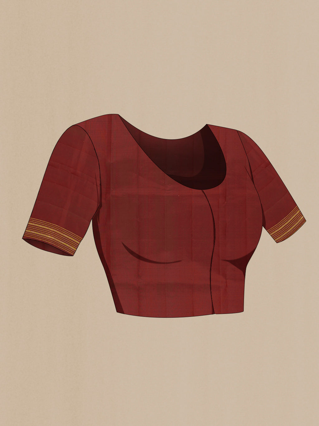 Close up image of the blouse of Pure Silk Pure Zari Maroon Kanjivaram Saree with Zari Butta on the body and Silk Border. 