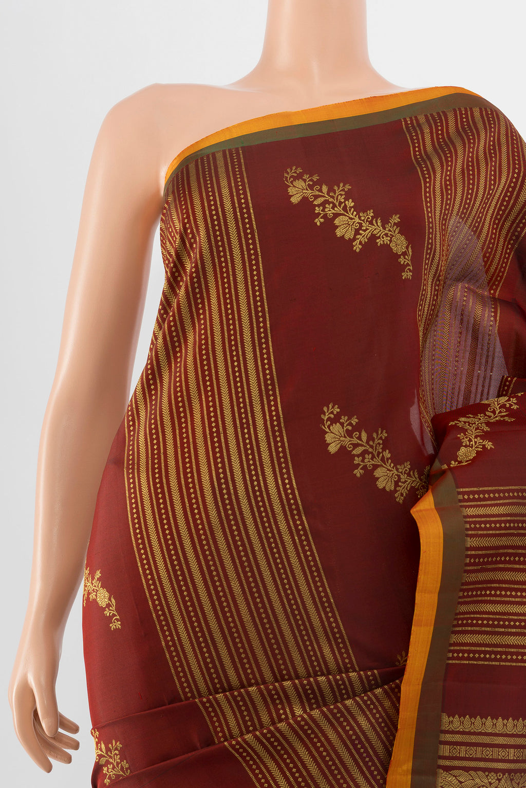 Border image of Pure Silk Pure Zari Maroon Kanjivaram Saree with Zari Butta on the body and Silk Border. 