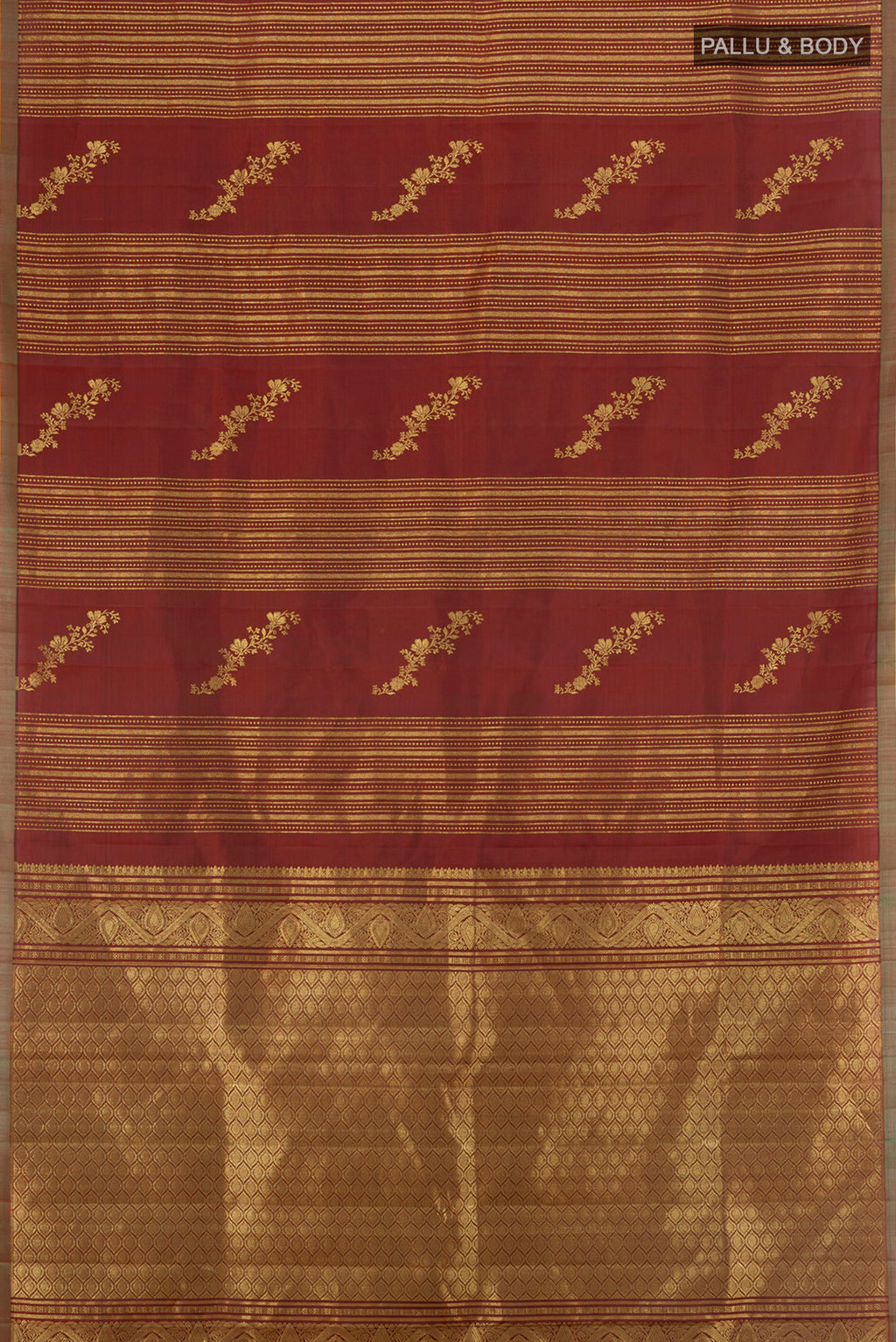 Flat view of Pure Silk Pure Zari Maroon Kanjivaram Saree with Zari Butta on the body and Silk Border. 