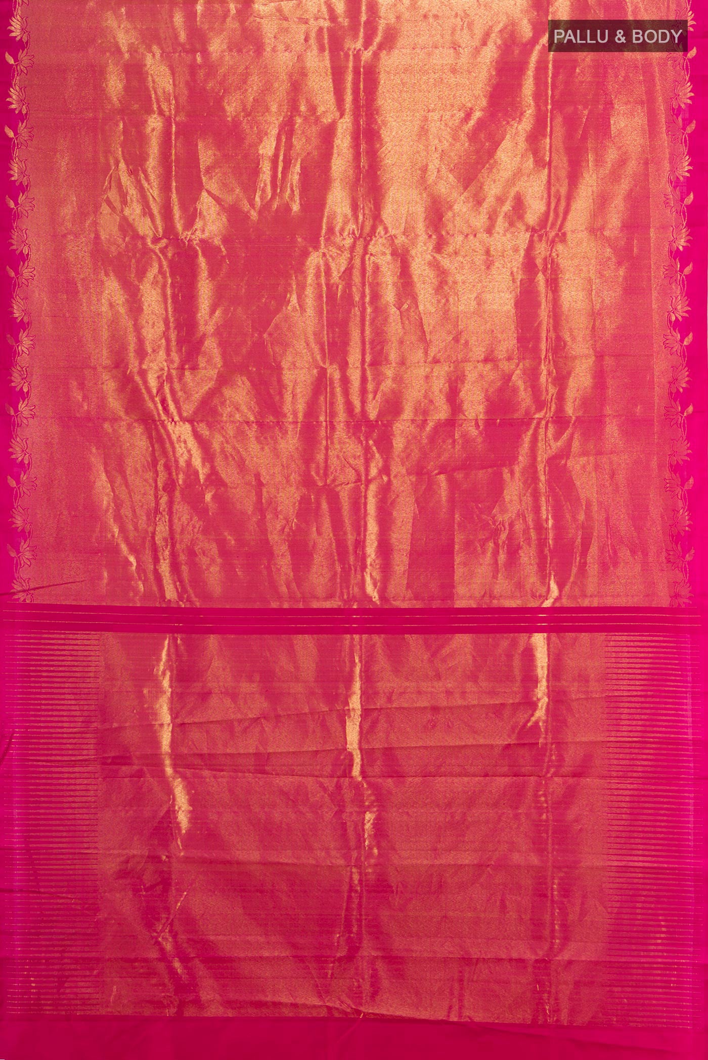 Flat view of Dark Pink Kanjivaram Silk Saree with Zari Brocade on the body and Temple Border. 