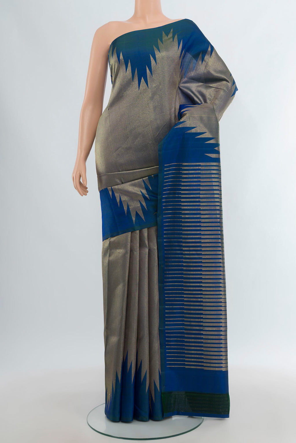 Peacock Blue Kanjivaram Silk Saree with Zari Brocade on the body and Temple Border.  displayed on a mannequin