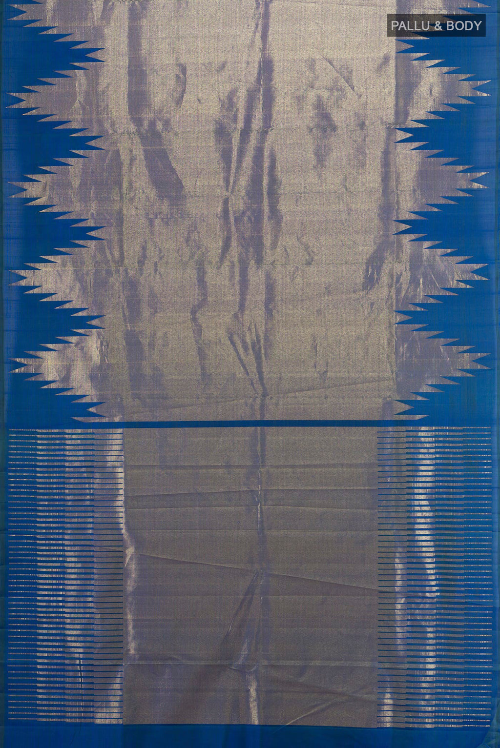Flat view of Peacock Blue Kanjivaram Silk Saree with Zari Brocade on the body and Temple Border. 